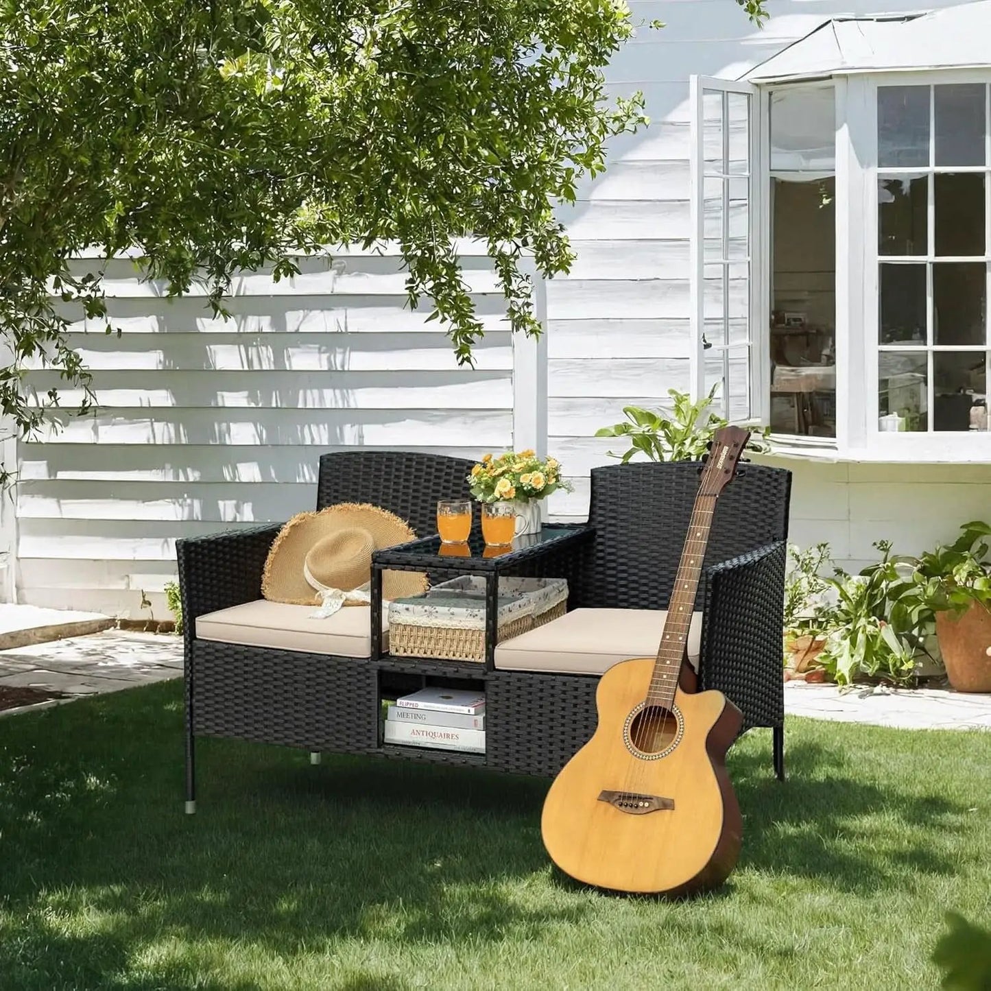 Patio Loveseat Outdoor Wicker Conversation Set With Built In Coffee Table Beige from PriceLows™