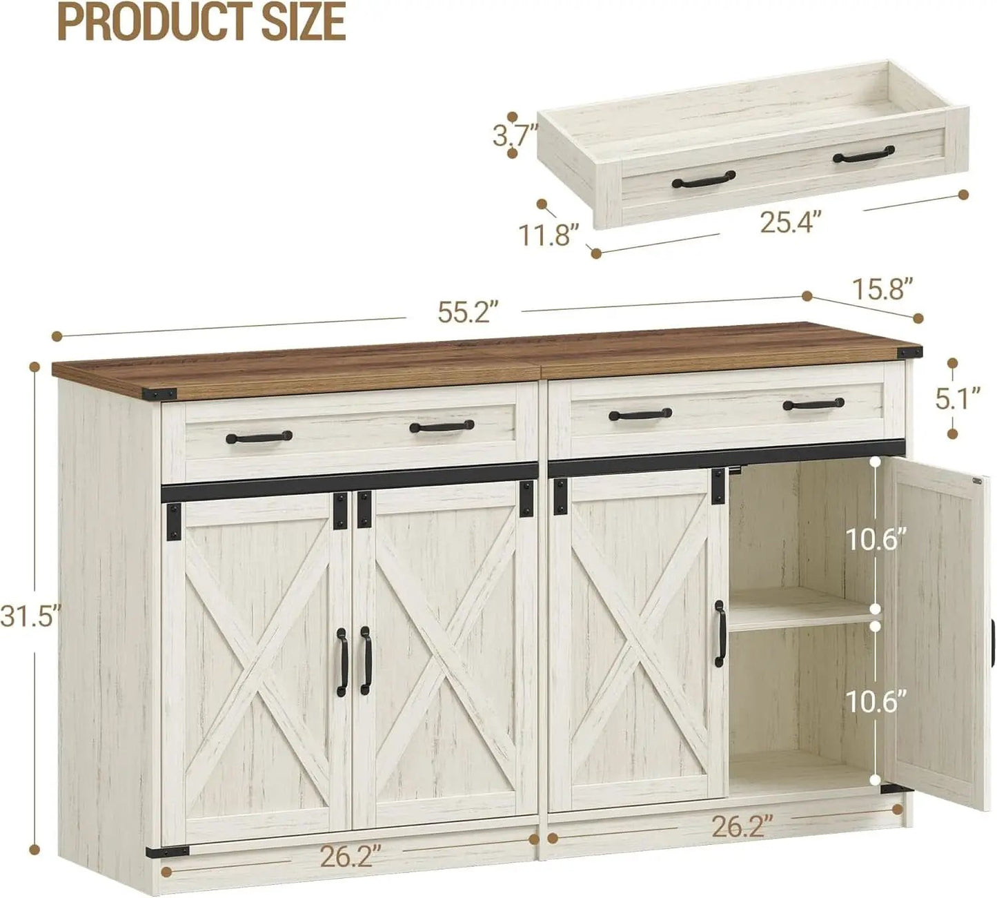White Brown Farmhouse Buffet Cabinet Adjustable Shelves from PriceLows™