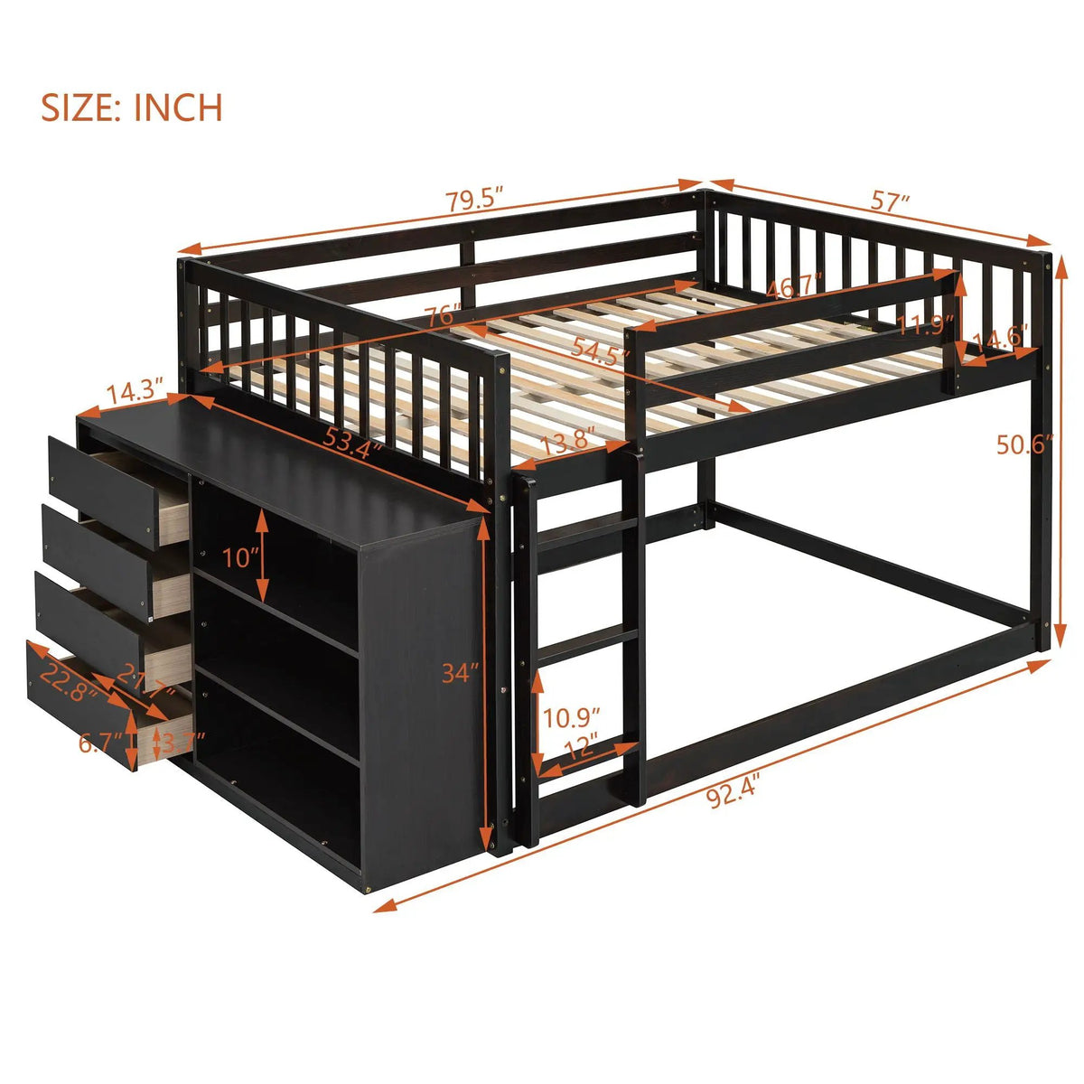 Bunk Bed | Solid Pine Frame | Four Drawers And Three Shelves | Full Size