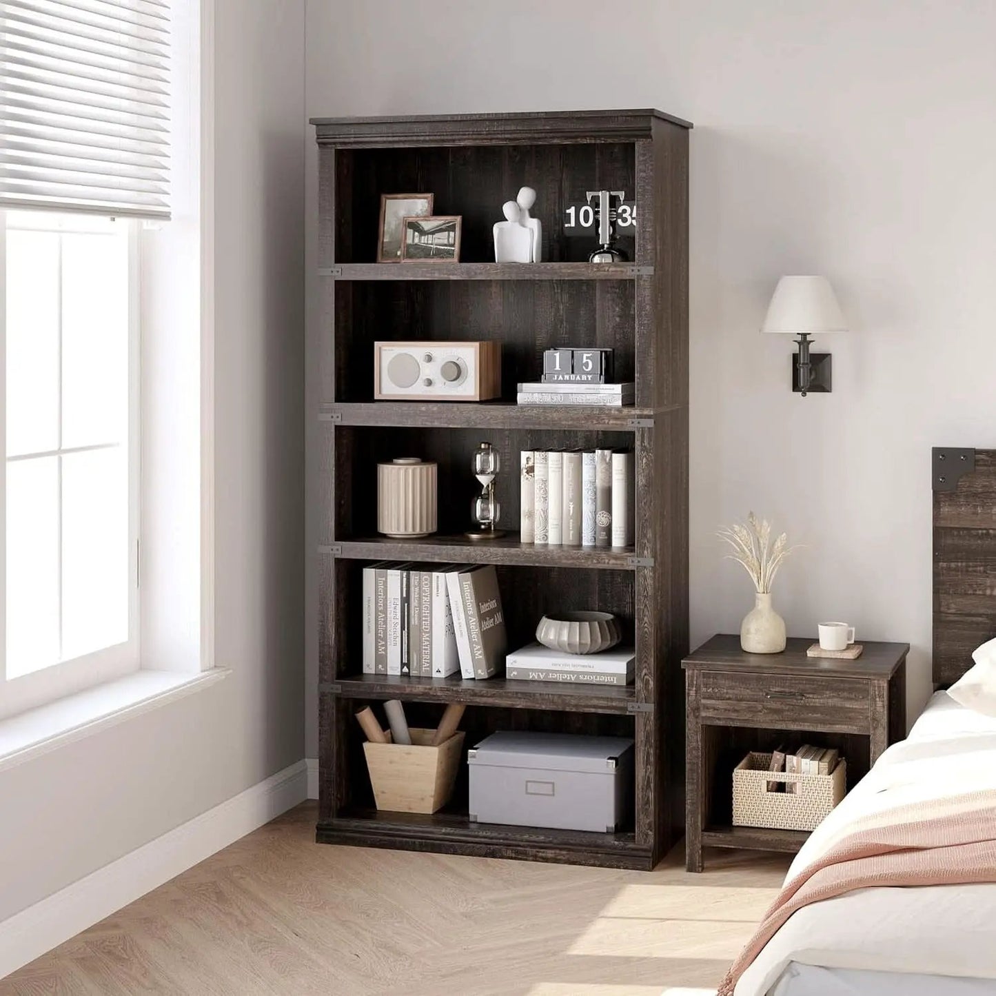 Farmhouse Cherry Bookcase 71 Inch Tall Sturdy Open Shelving from PriceLows™