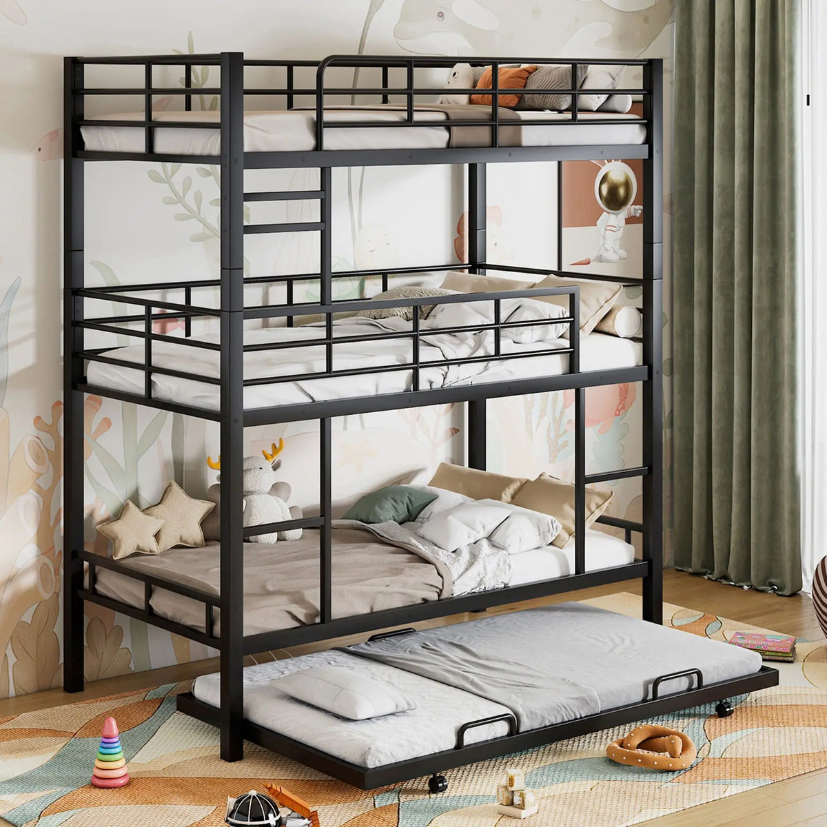 Triple Bunk Bed | Heavy Duty Steel | Built In Trundle | Full Guardrails