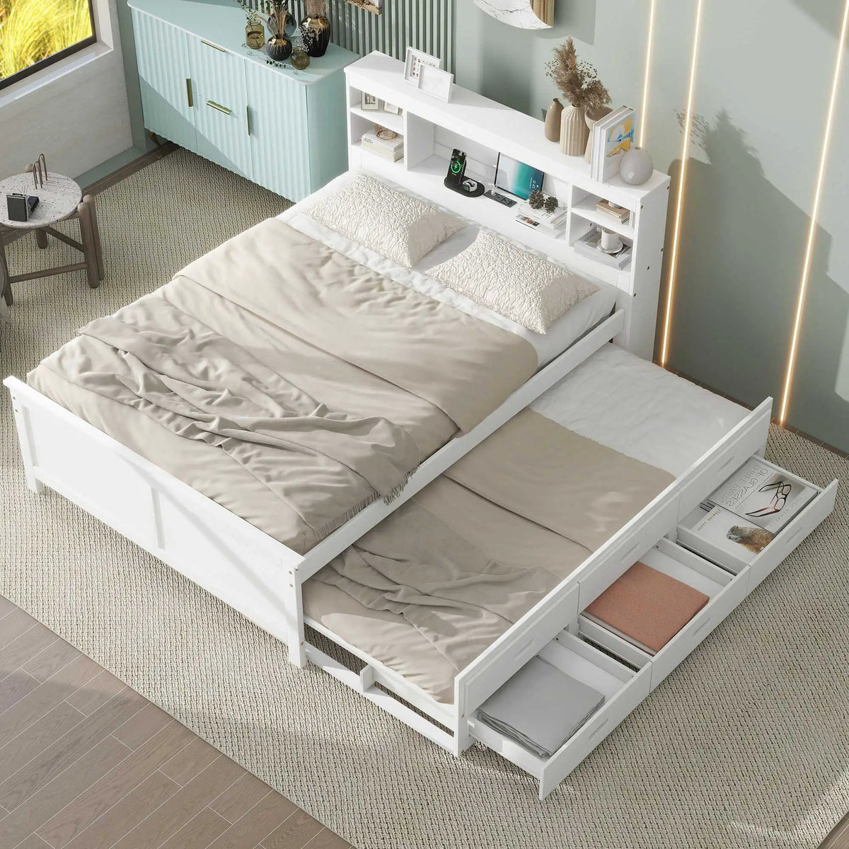 Platform Bed | Storage Headboard | USB Ports | Twin Trundle