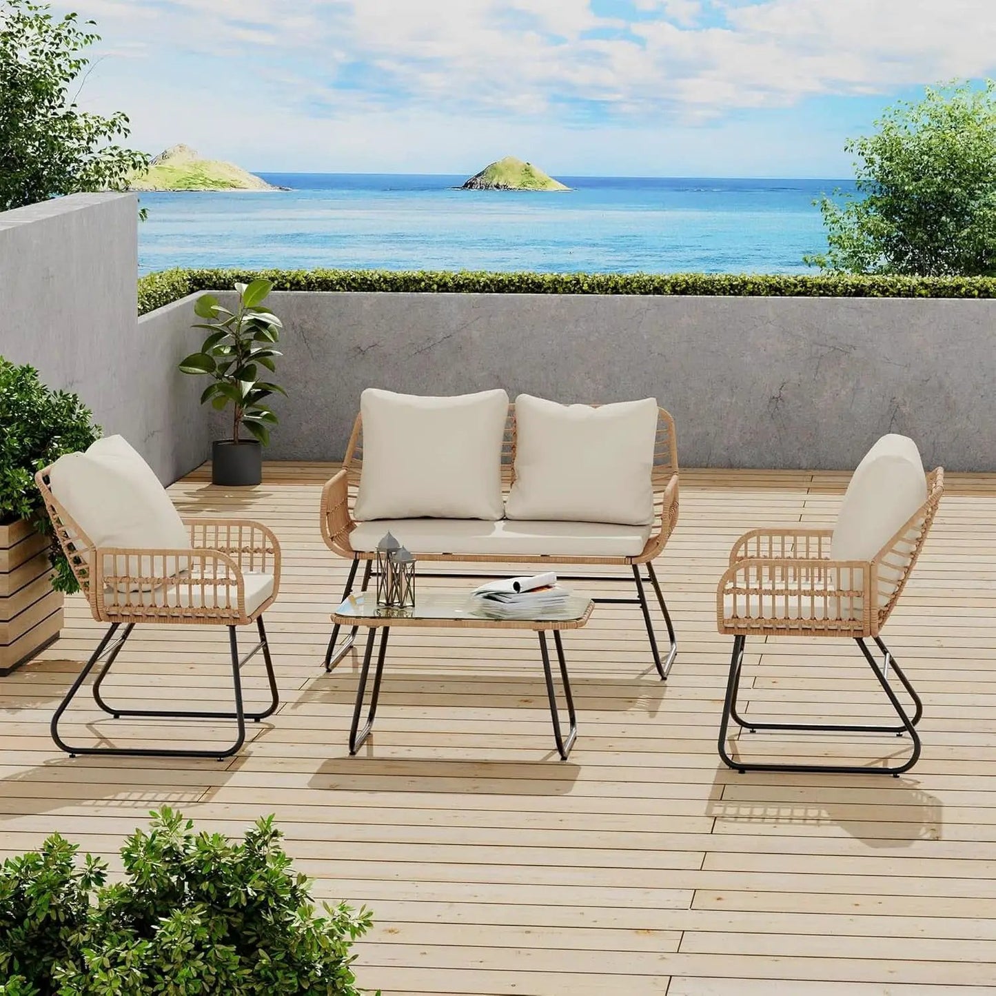 Stylish Four-Piece Outdoor Rattan Furniture Set with Cushions from PriceLows™