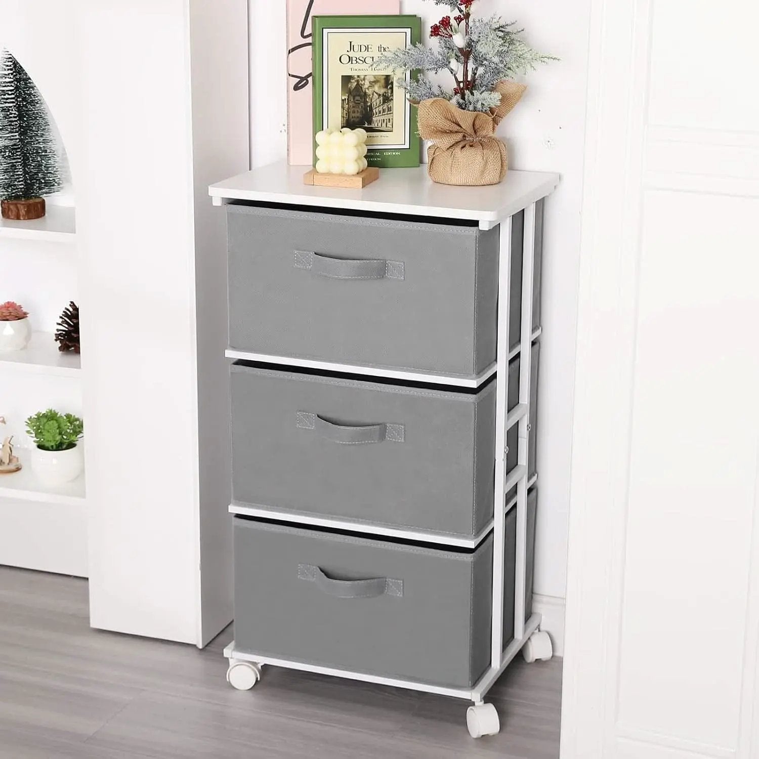 Dresser Tower 3 Drawer Dark Grey With Wood Top And Wheels from PriceLows™