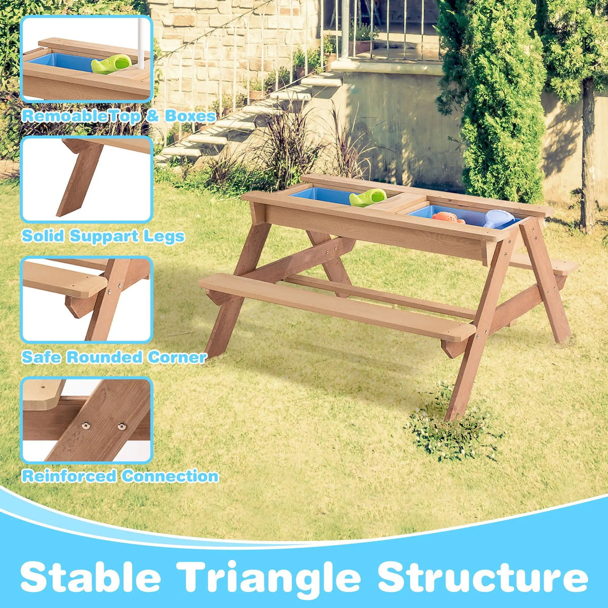 Kids Picnic Table With Umbrella | 3-In-1 Convertible Design | Natural Cedar Wood | Sand And Water Play