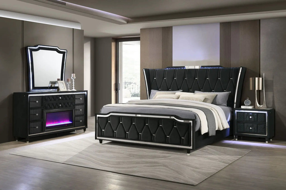 Lorient 4-piece Queen Bedroom Set | 4-Piece Set | Rubberwood & Velvet | Black