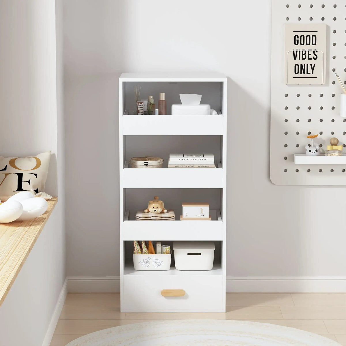 4 Tier Freestanding Bookshelf With 3 Sliding Drawers And 1 Bottom Drawer - Bookcase | 18.9 x 14.96 x 42.13 in | Engineered Wood | White