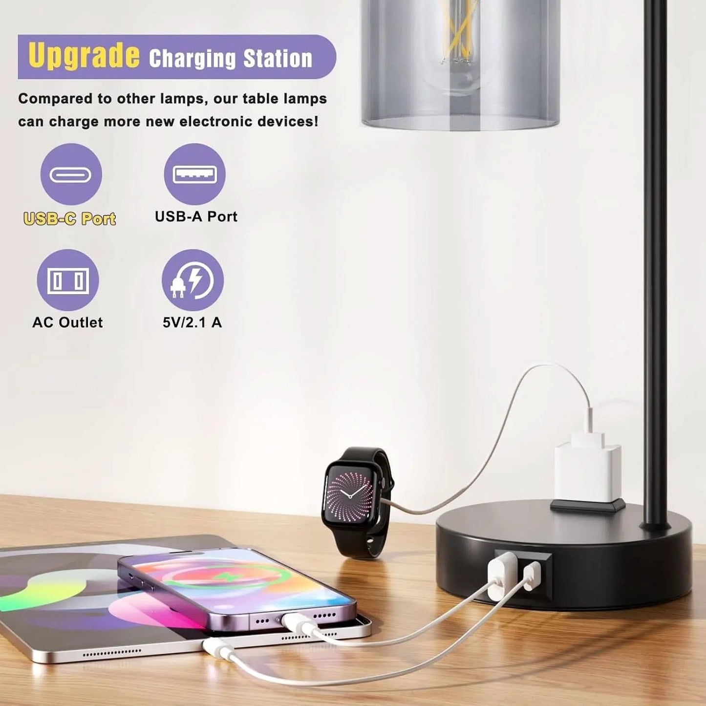 3-Way Dimmable USB Table Lamps With Gray Glass Shade Pair from PriceLows™