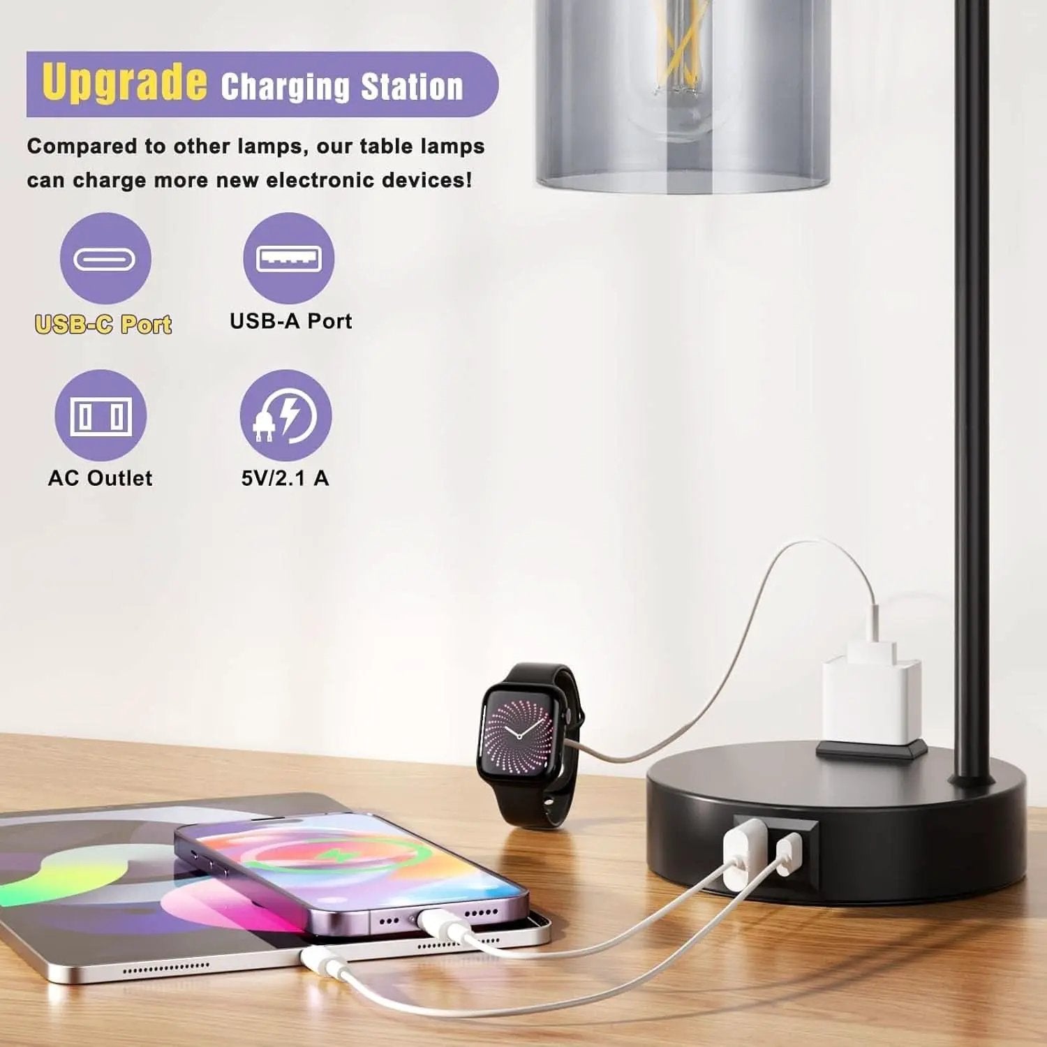 3-Way Dimmable USB Table Lamps With Gray Glass Shade Pair from PriceLows™