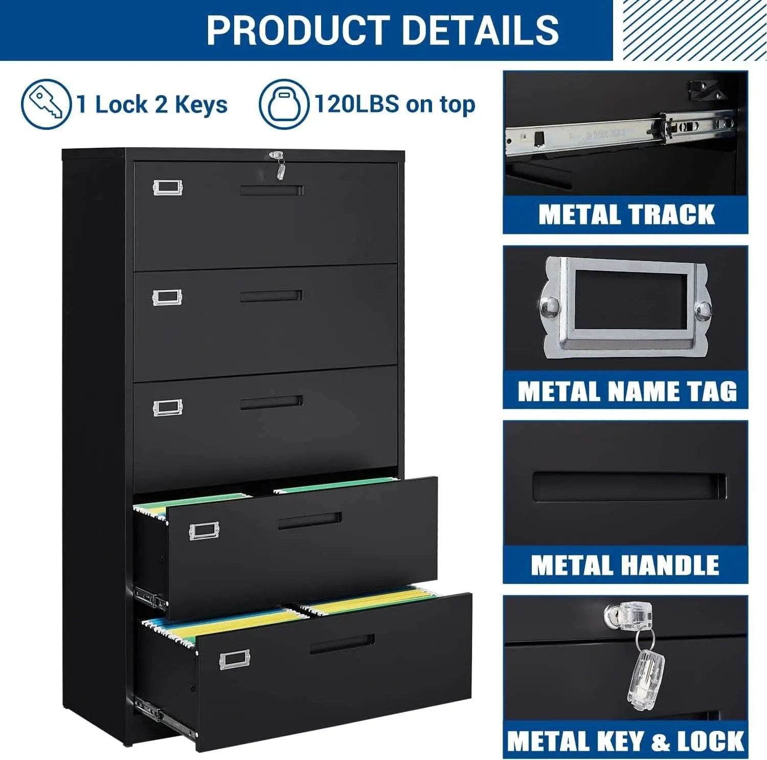 5 Drawer Lateral File Cabinet Lockable Metal Office Storage from PriceLows™