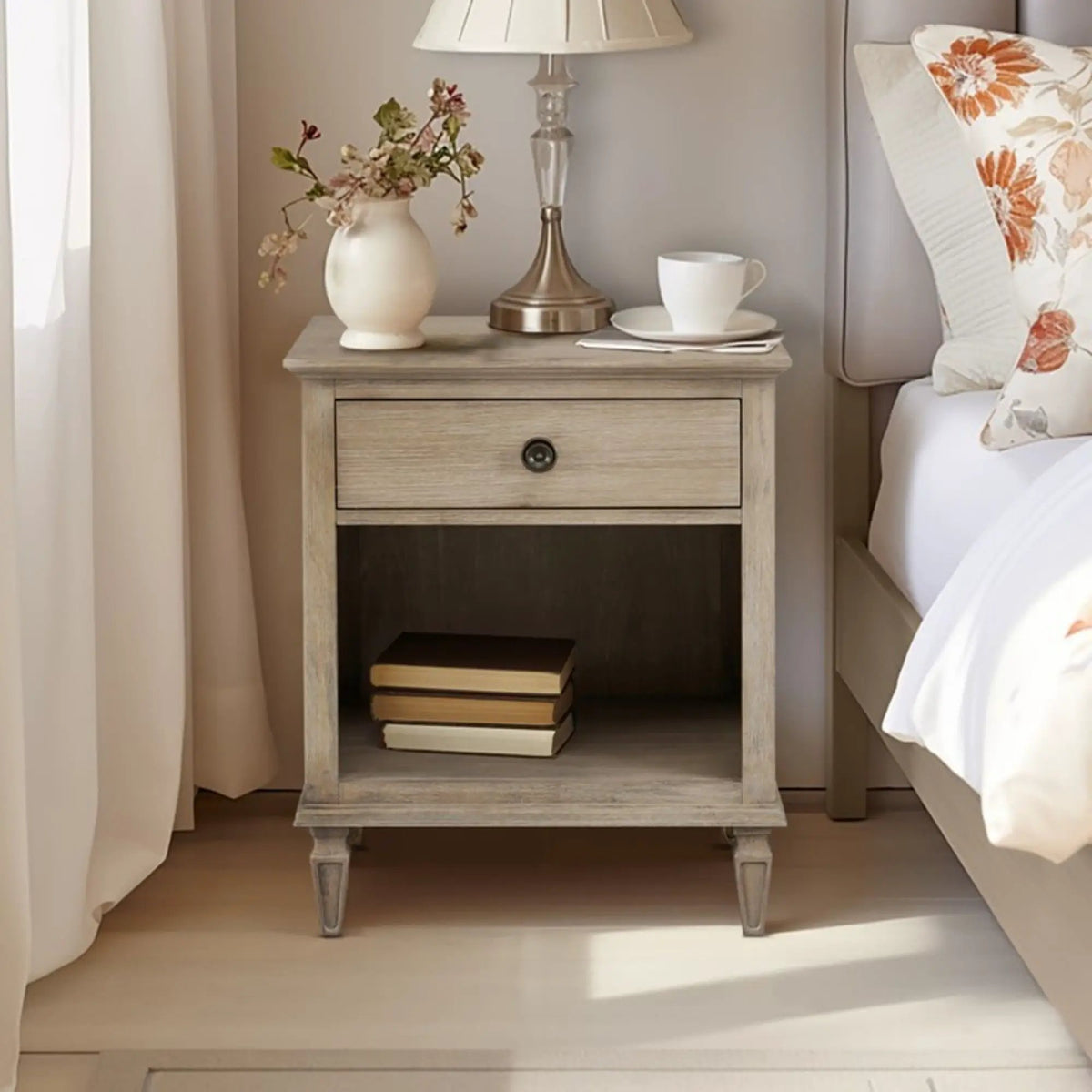 Victoria Nightstand | French-Inspired Design | Wire Brush Finish | 1 Drawer And Open Shelf