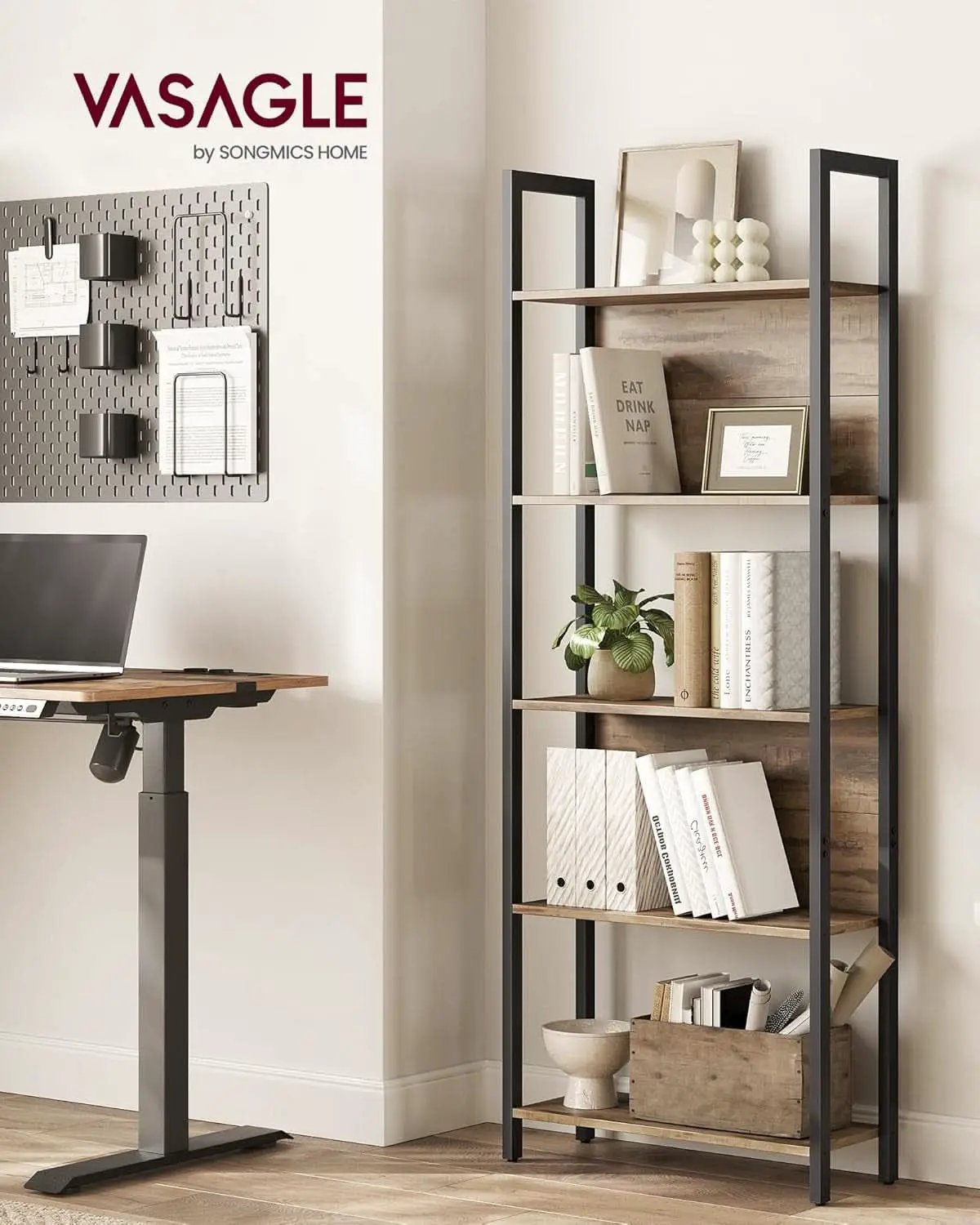 Five Tier Bookshelf With Steel Frame Camel Brown And Black from PriceLows™