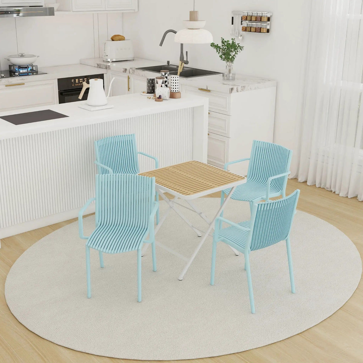 4 Modern Stackable Plastic Armchair Matched With Folding Square Table 5 Piece | 5 Piece Outdoor Set | Metal | Outdoor Living