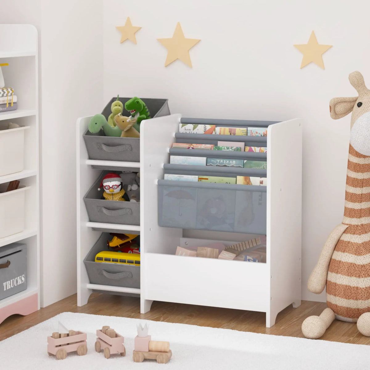 4 Tier Bookshelf | 3 Collapsible Fabric Drawers | White