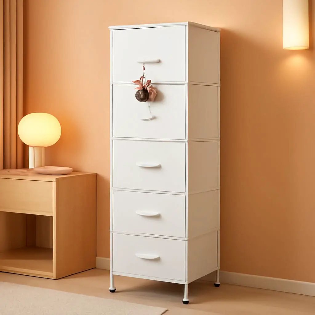 Fabric Dresser For Bedroom With Tall White Finish Storage from PriceLows™