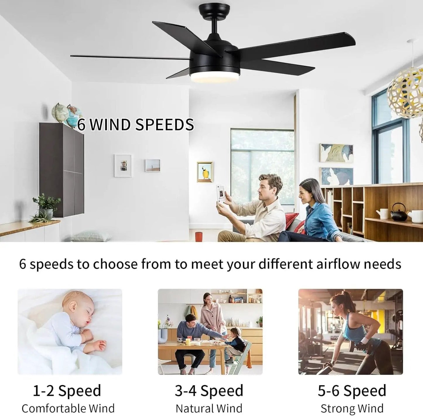 52 Inch Black Ceiling Fan With Dimmable 3 Color LED Lights And Remote from PriceLows™