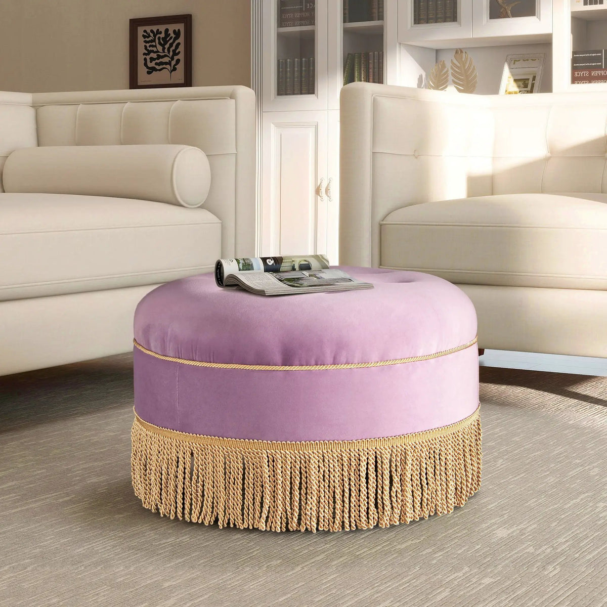 Yolanda Round Accent Ottoman | Handcrafted Quality | Kiln-Dried Hardwood Frame | 16 Inch Height