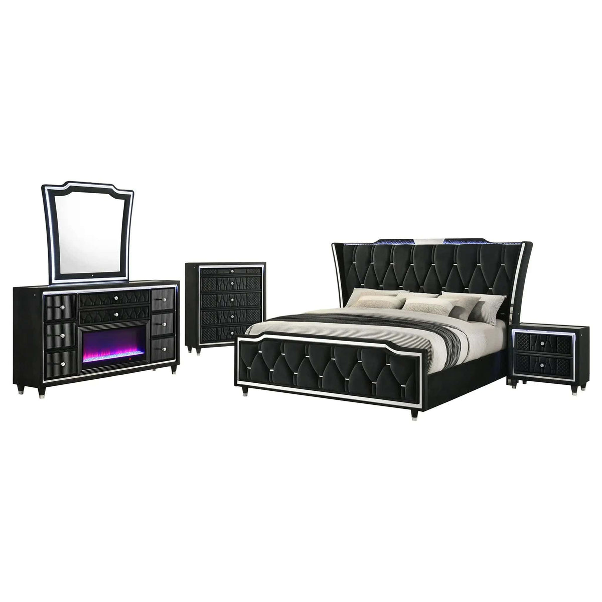 Lorient 5-piece Queen Bedroom Set | 5-Piece Set | Rubberwood & Velvet | Black
