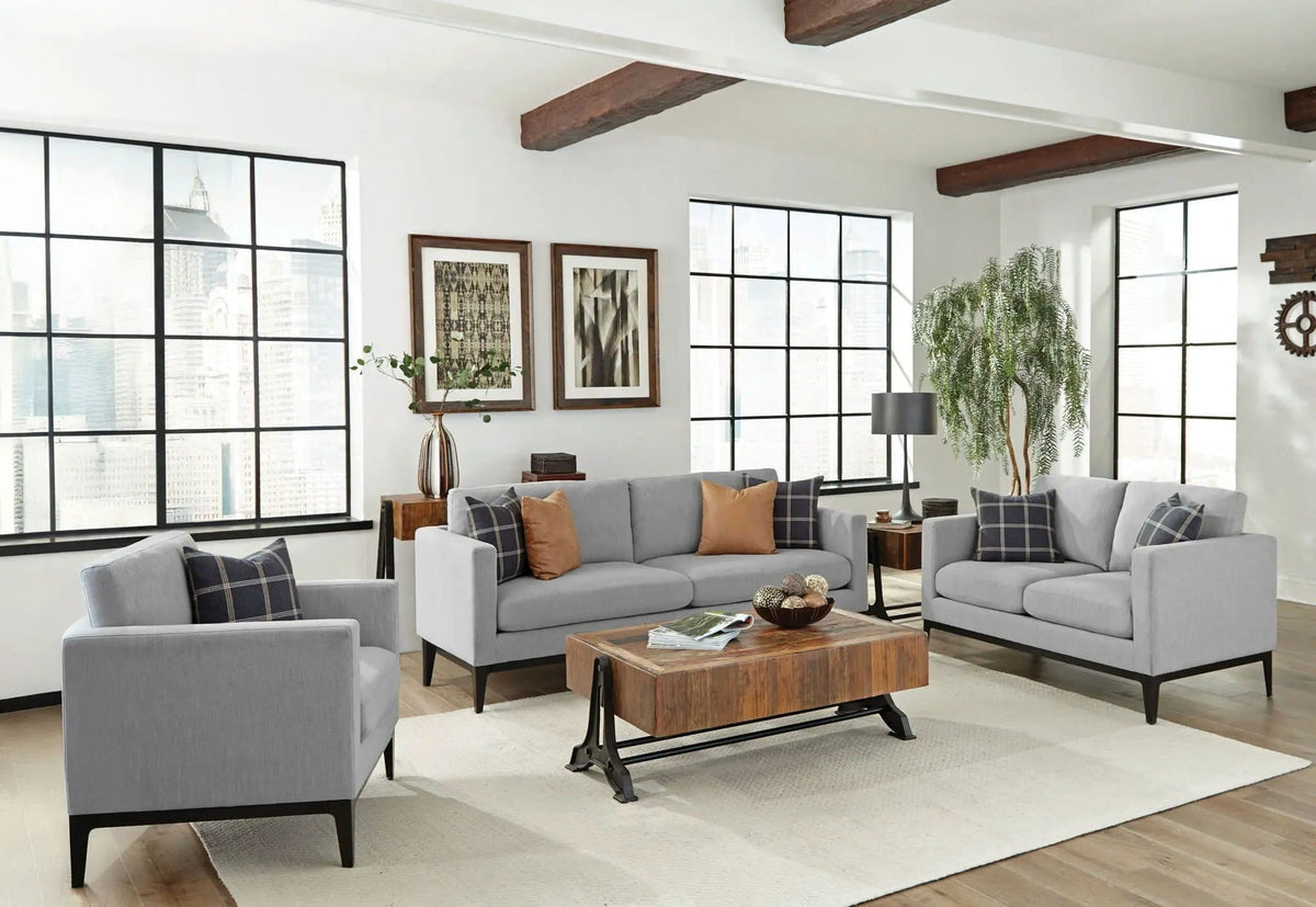Apperson 3-piece Upholstered Track Arm Sofa Set Light | 3-Piece Set | Living Room Furniture | Grey