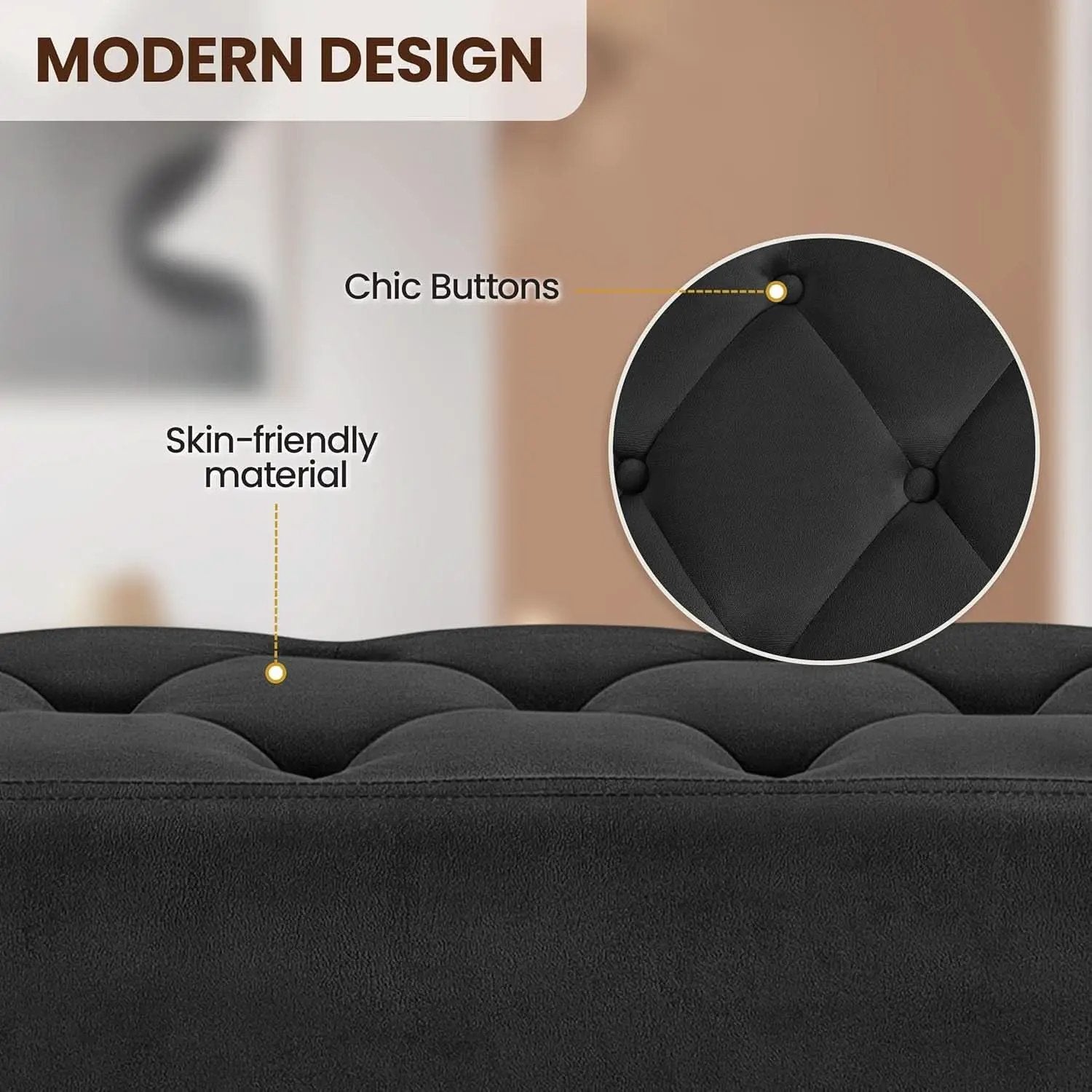 Black Velvet Upholstered Ottoman Bench Golden Legs from PriceLows™