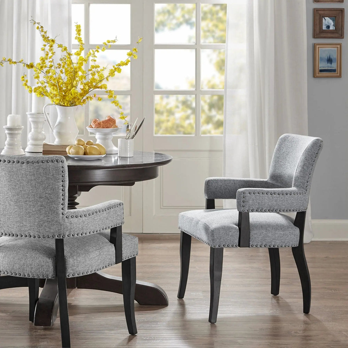 Arm Dining Chair | Brass Nail Head Detailing | Rubberwood And Solid Wood | High-Density Foam