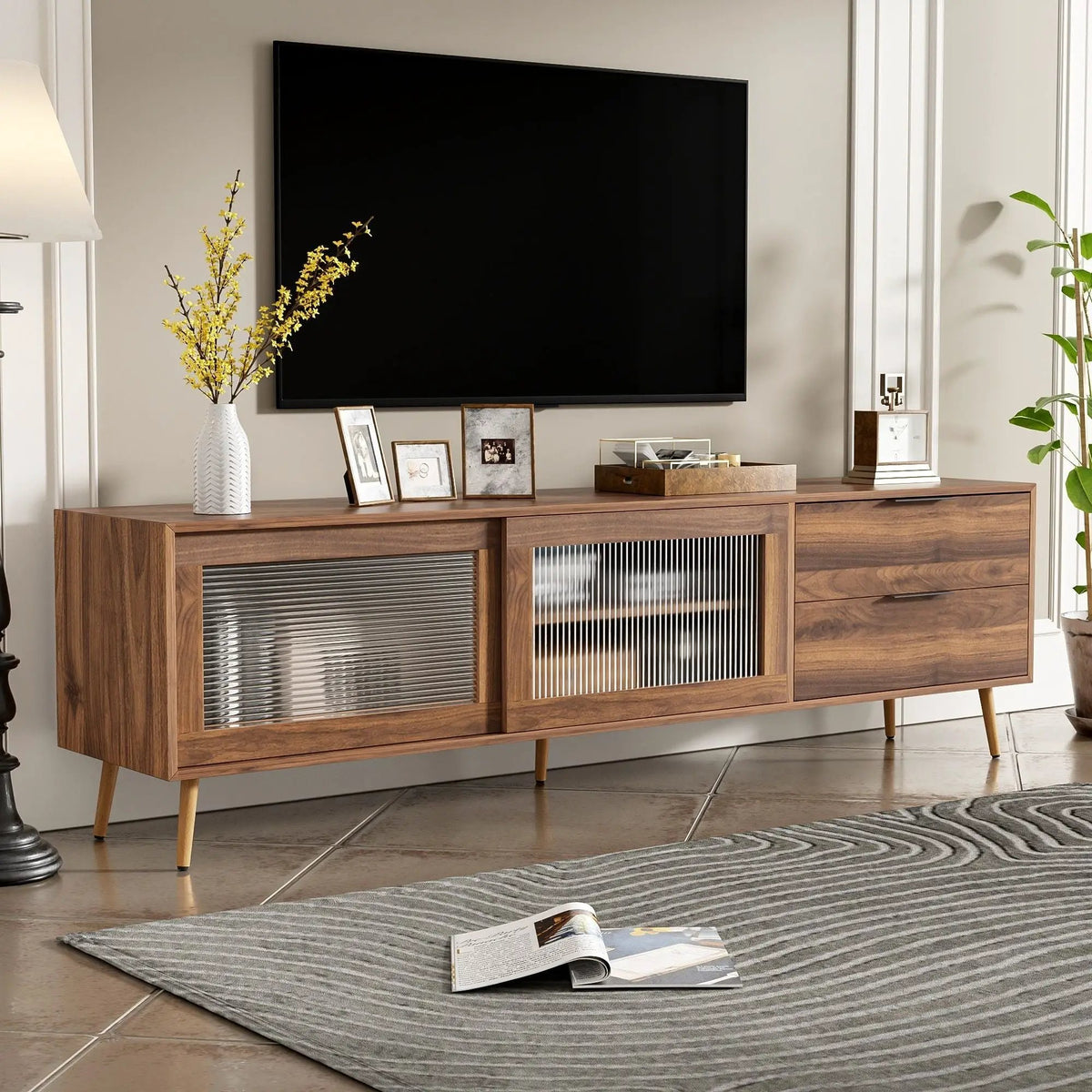 Walnut TV Stand | Media Console | 2 Doors 2 Drawers | Solid Wood Legs