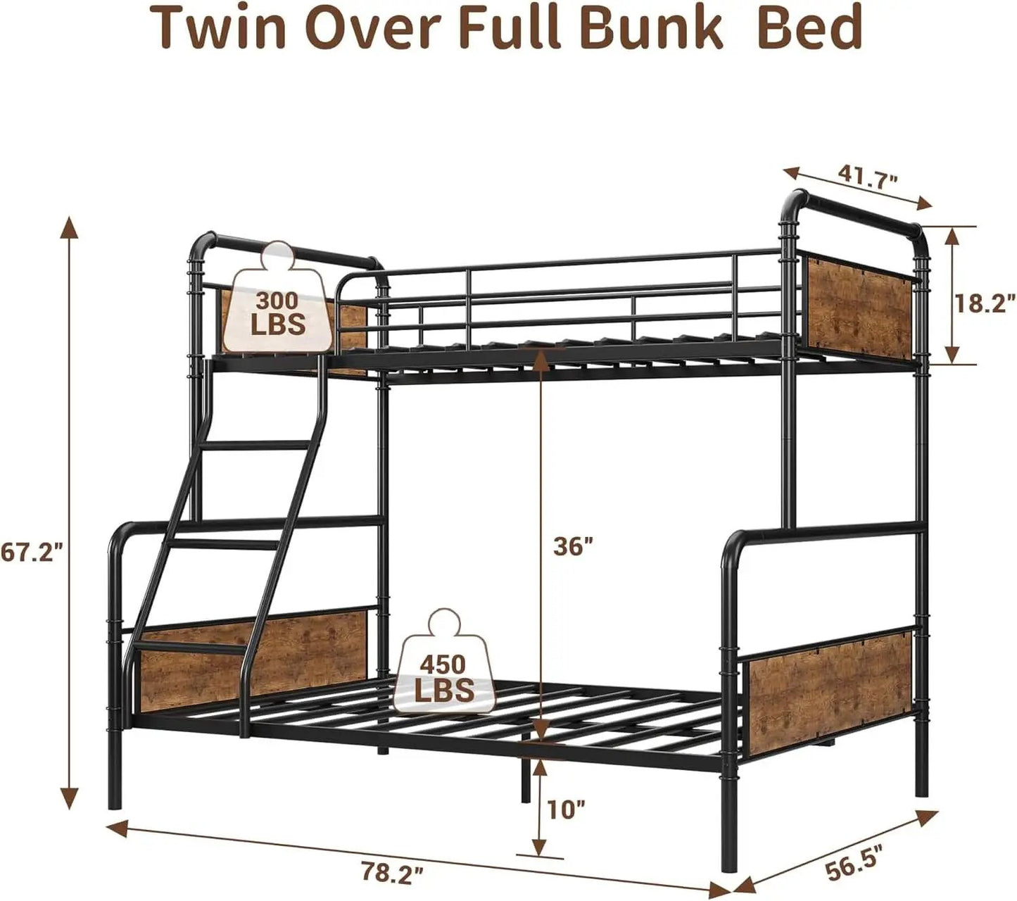 Twin Over Full Metal Bunk Bed Vintage Brown Space Saving from PriceLows™
