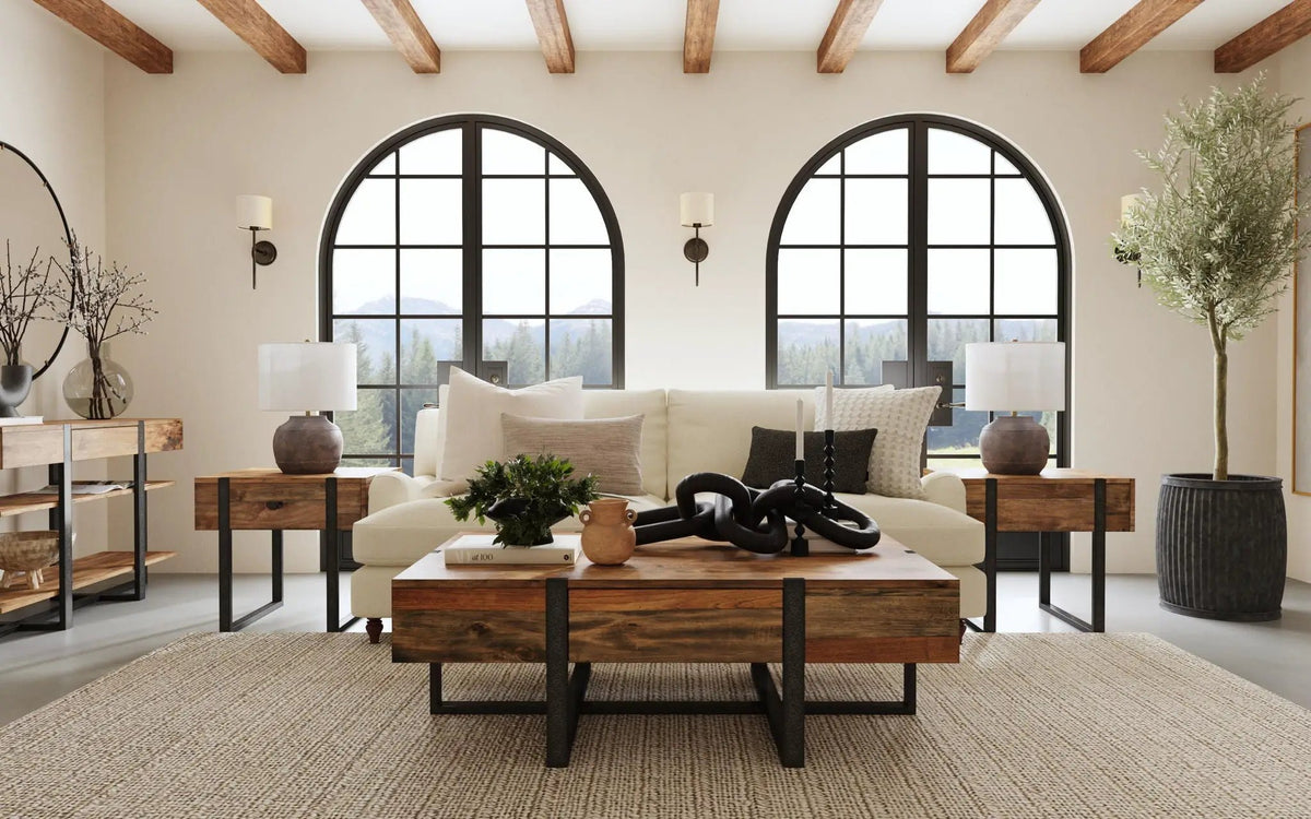 Prescott Reclaimed Wood Table | Rustic Honey Finish | Distressed Iron Base | Hardwood Veneer