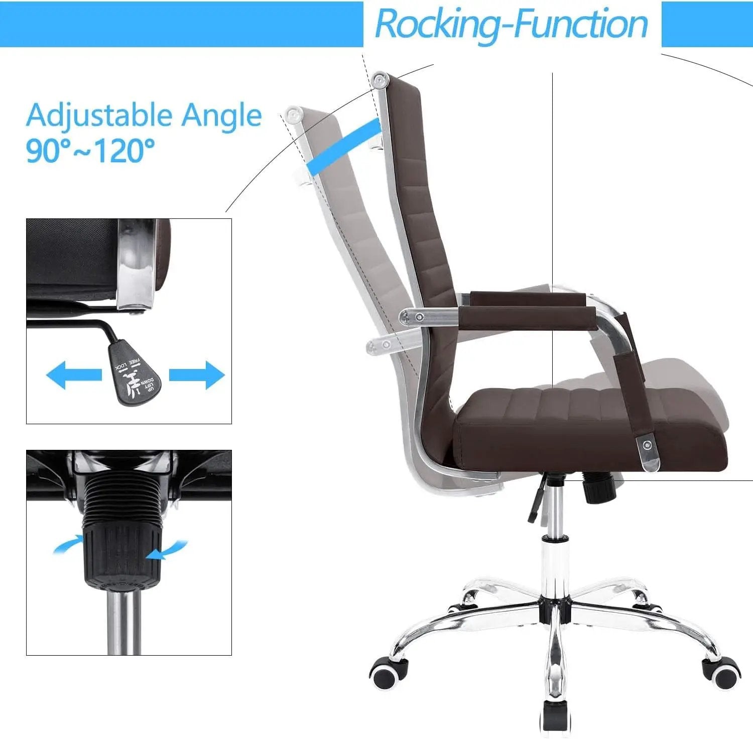 Ribbed PU Leather Office Chair With Arms Brown Adjustable from PriceLows™
