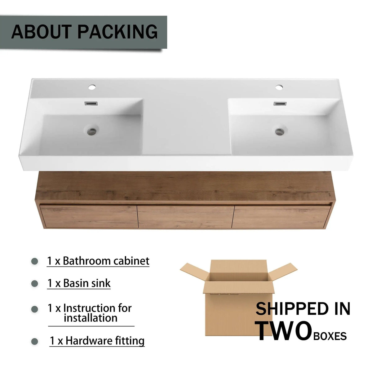 Contemporary Wall Mounted Bathroom Vanity With Dual Resin Sink And Soft Close Drawer | 2 Pieces | Plywood & Resin | Bathroom