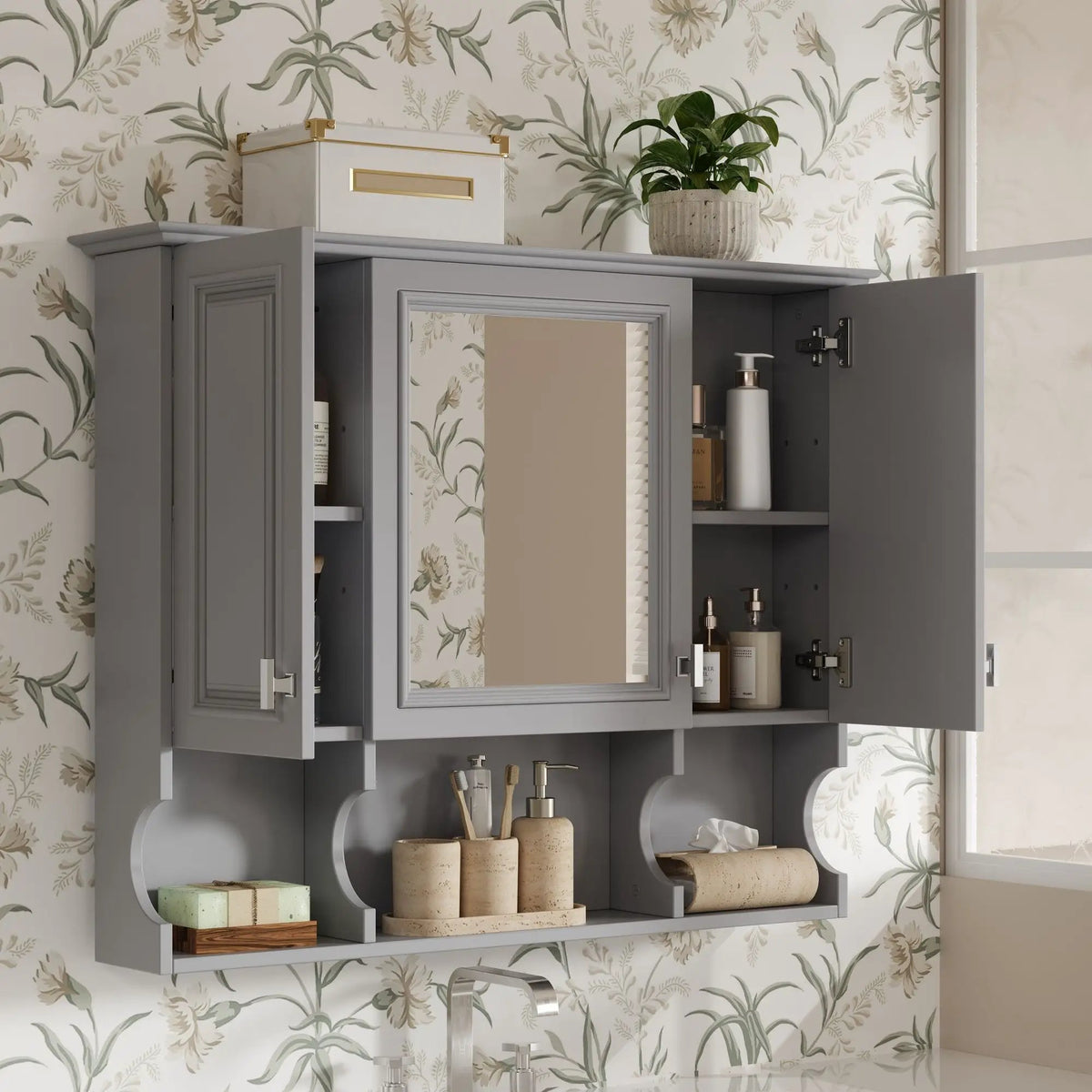 Wall Mounted Medicine Cabinet | Mirror | Open Shelves | 35 Inch Width