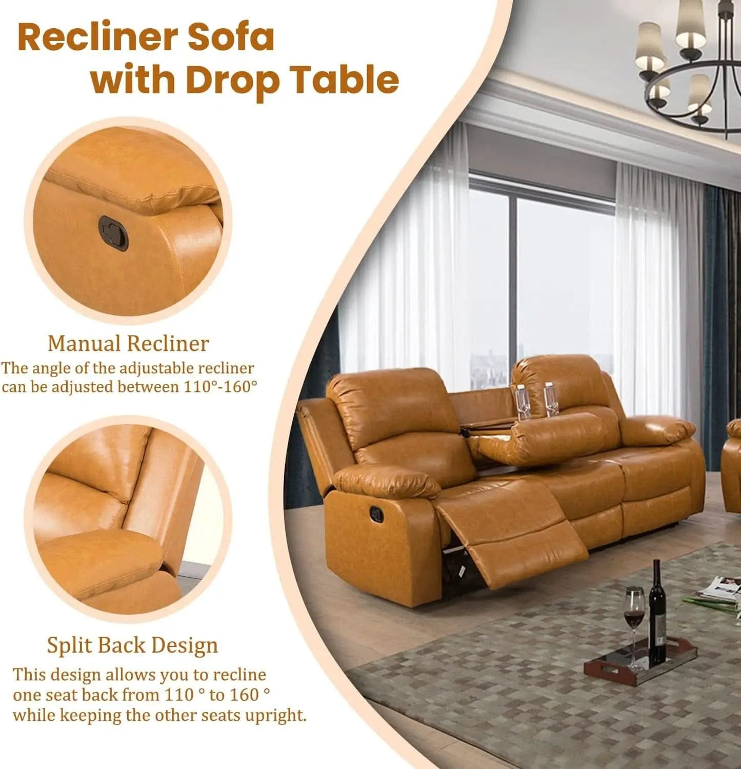 Manual Recliner Sofa Set Ginger Leather With Cup Holder from PriceLows™
