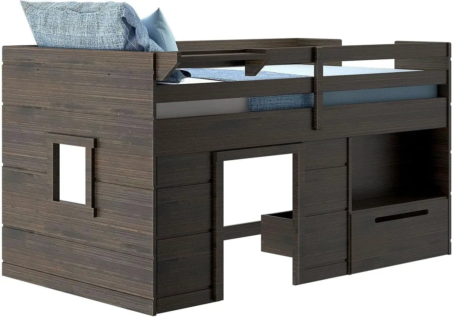 Twin Size Solid Wood Loft Bed With Storage Drawer And Ladder Barnwood Brown from PriceLows™