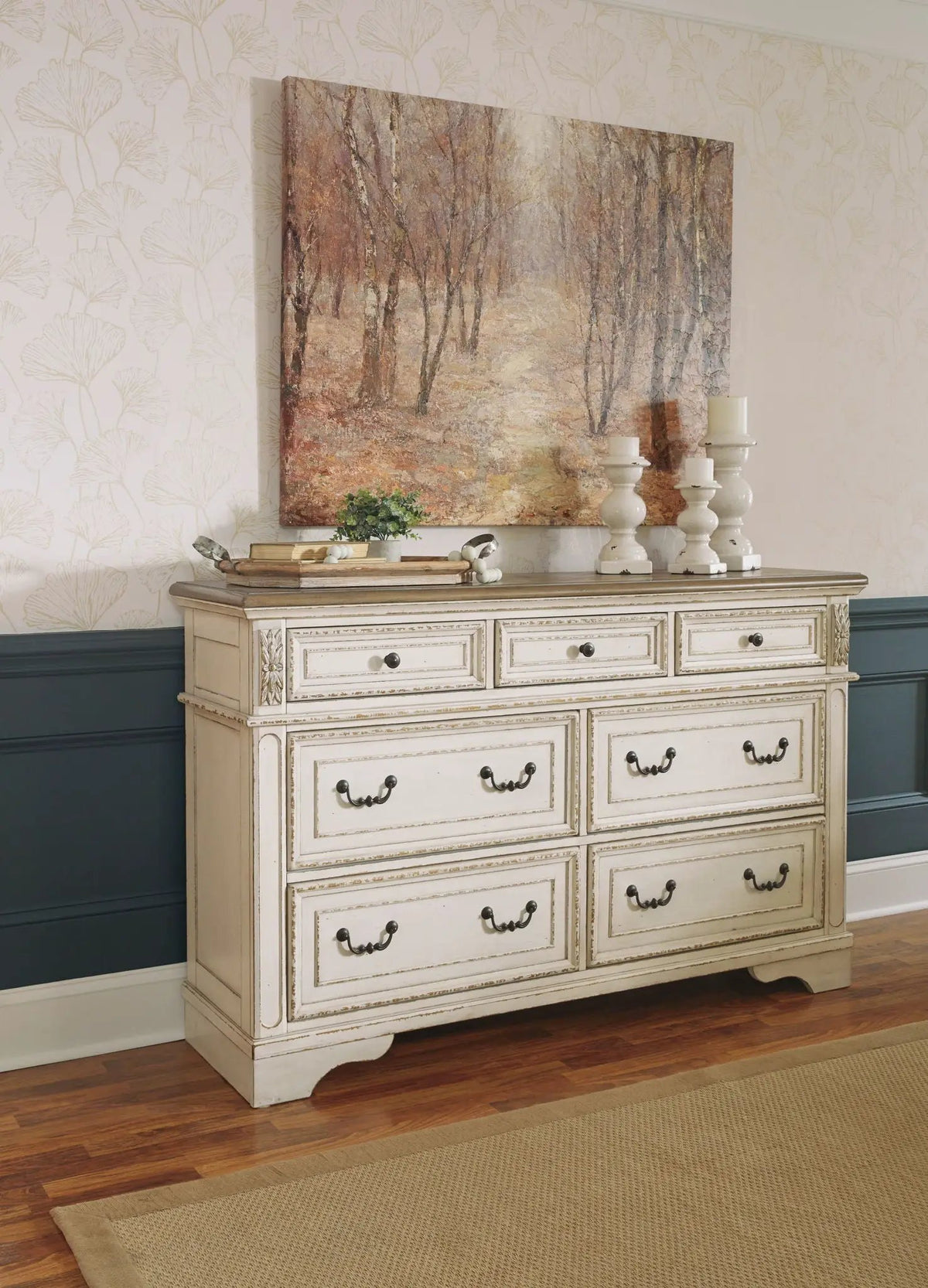 Realyn Dresser | Traditional Cottage Style | Antiqued Two-Tone Finish | Chipped White