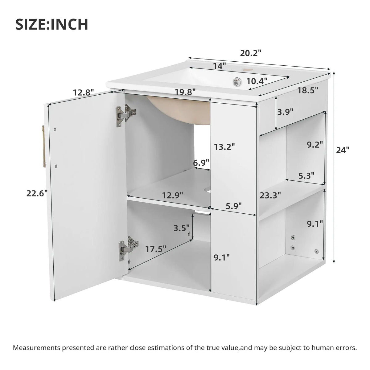 Wall Mounted Bathroom Cabinet With Side Shelf Combo, Vanity With Sink - | 20.3 x 18.5 x 24 in | Solid Wood & Ceramic | White