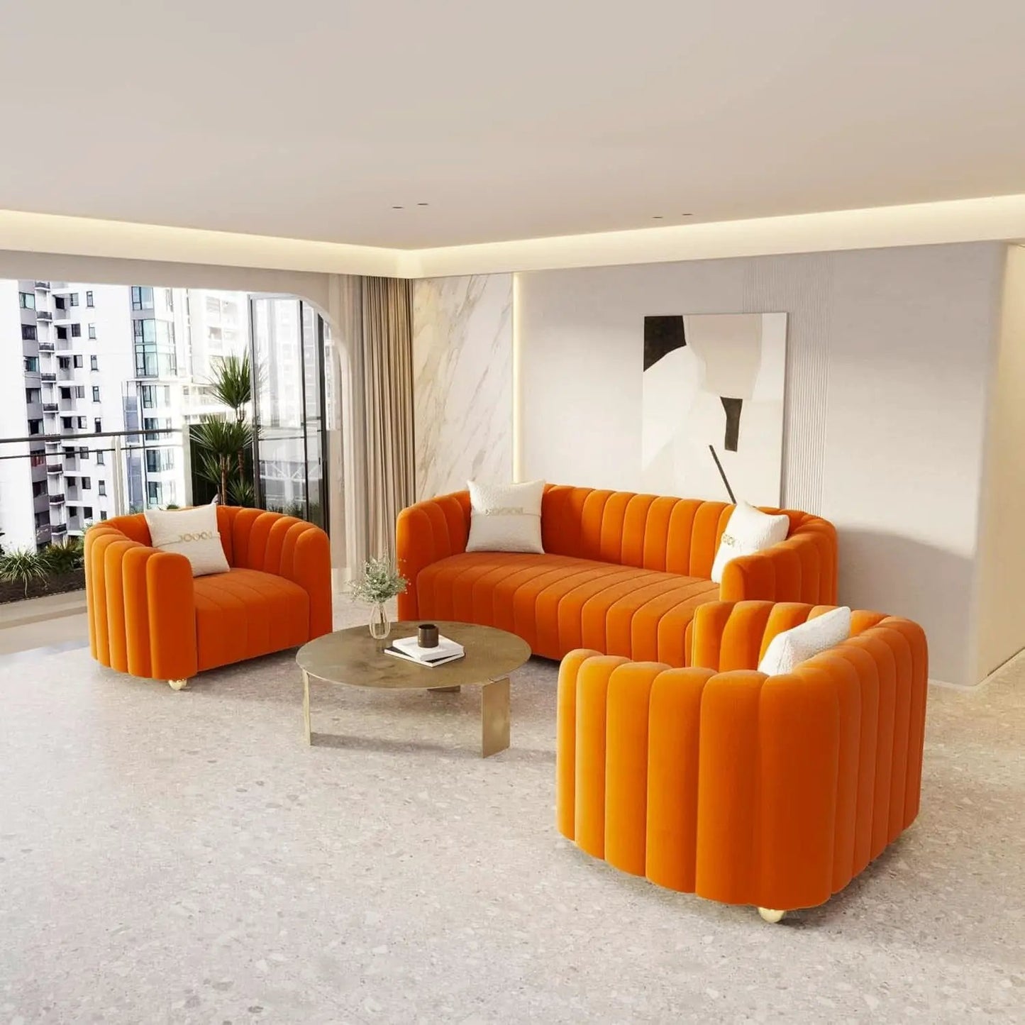 Orange Velvet Tufted Sofa Set With Gold Ball Legs Modern from PriceLows™