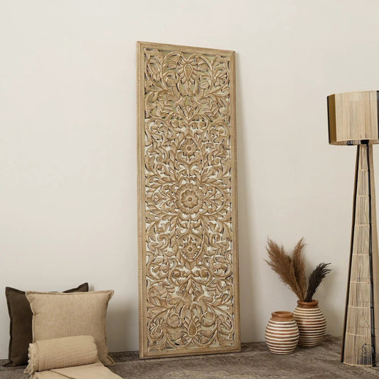 Floral Hand Carved Mandala Rectangle Wall Decor With Mirror Antique Brown / | 24 x 1.5 x 71 in | Wood | White