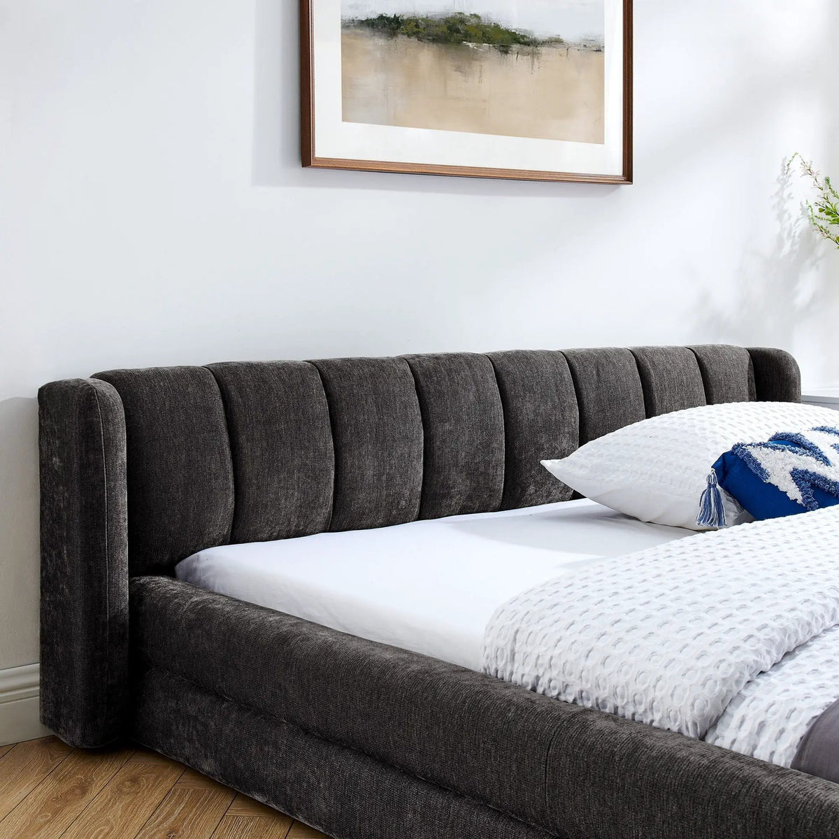 Modern Upholstered Bed Frame | Queen Size | Thick Fabric Upholstery | Grounded Headboard Design