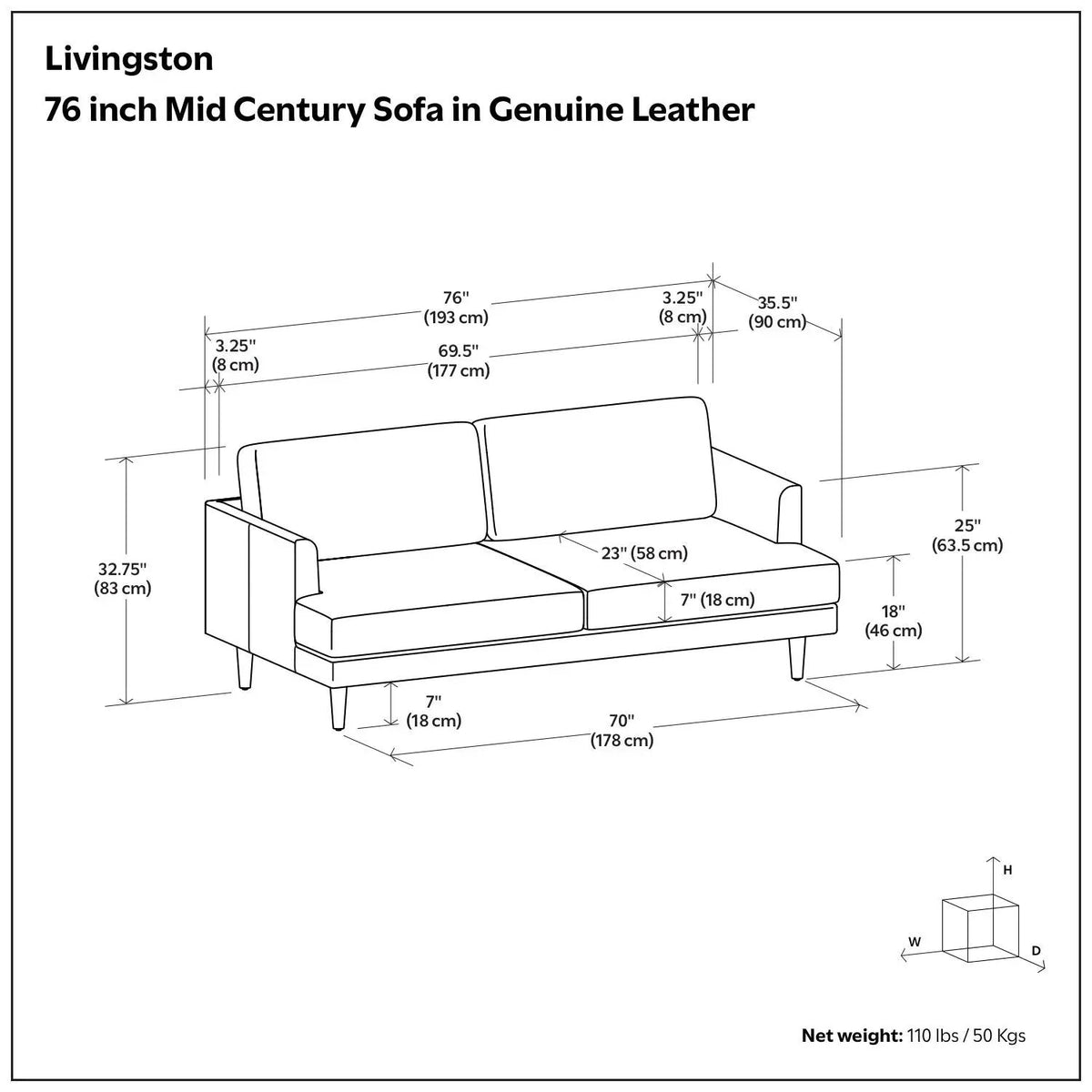Livingston Upholstered Sofa | Genuine Aniline Leather | 7 Inch Thick Cushions | 76 Inch Length