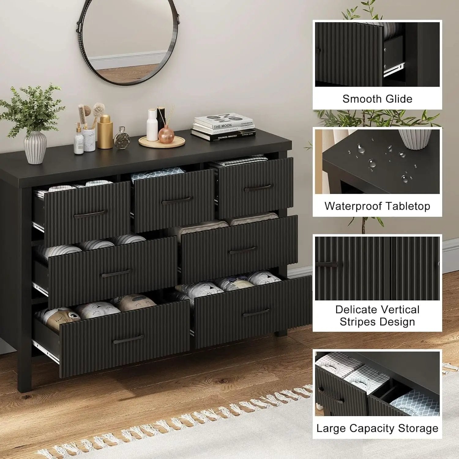 Fluted Contemporary White Dresser With Black Handles from PriceLows™