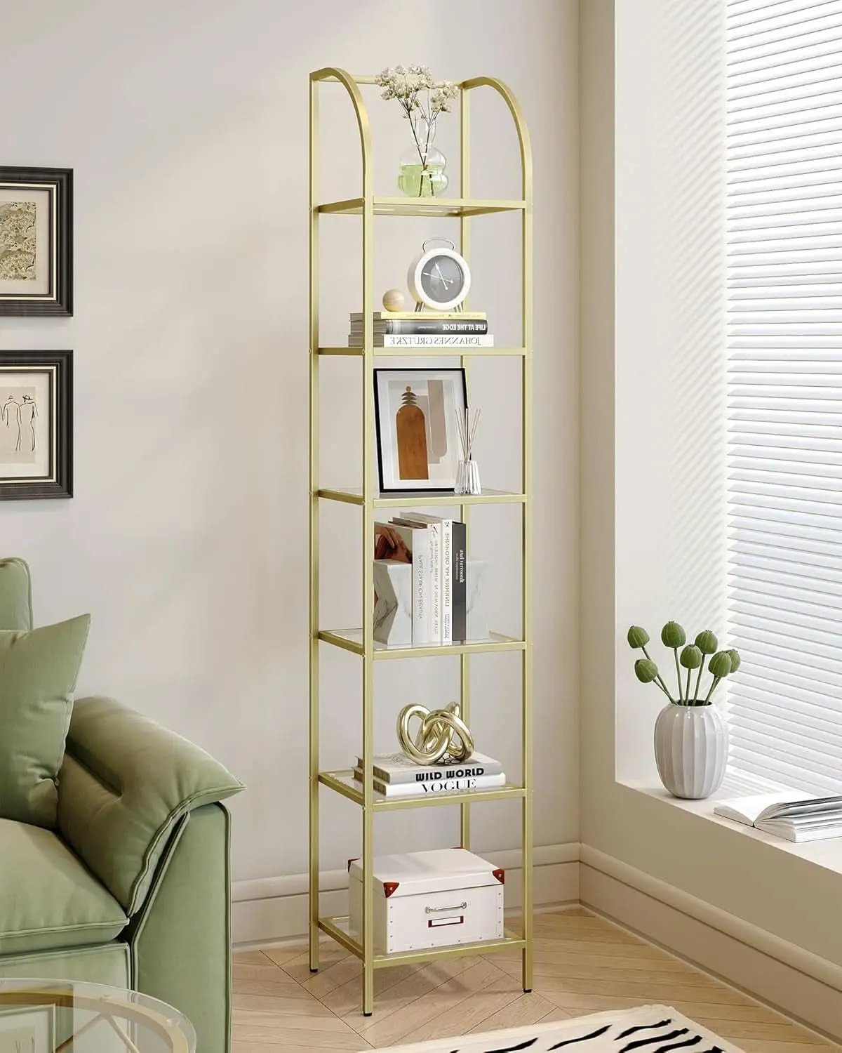 Bookcase Bookshelf 6 Tier Gold Tempered Glass Arched Top from PriceLows™