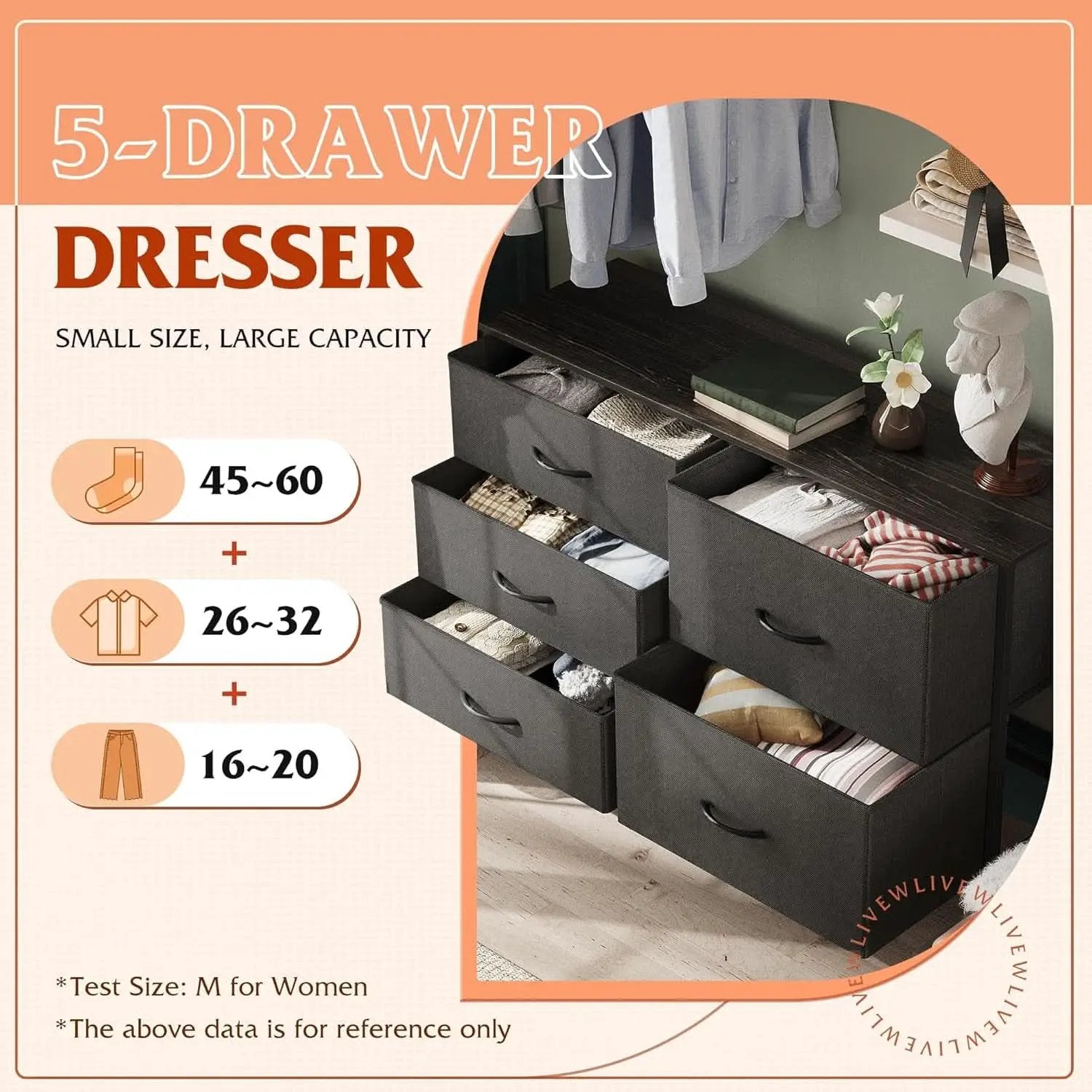 Charcoal Black Fabric Dresser With 5 Drawers For Bedroom Storage from PriceLows™