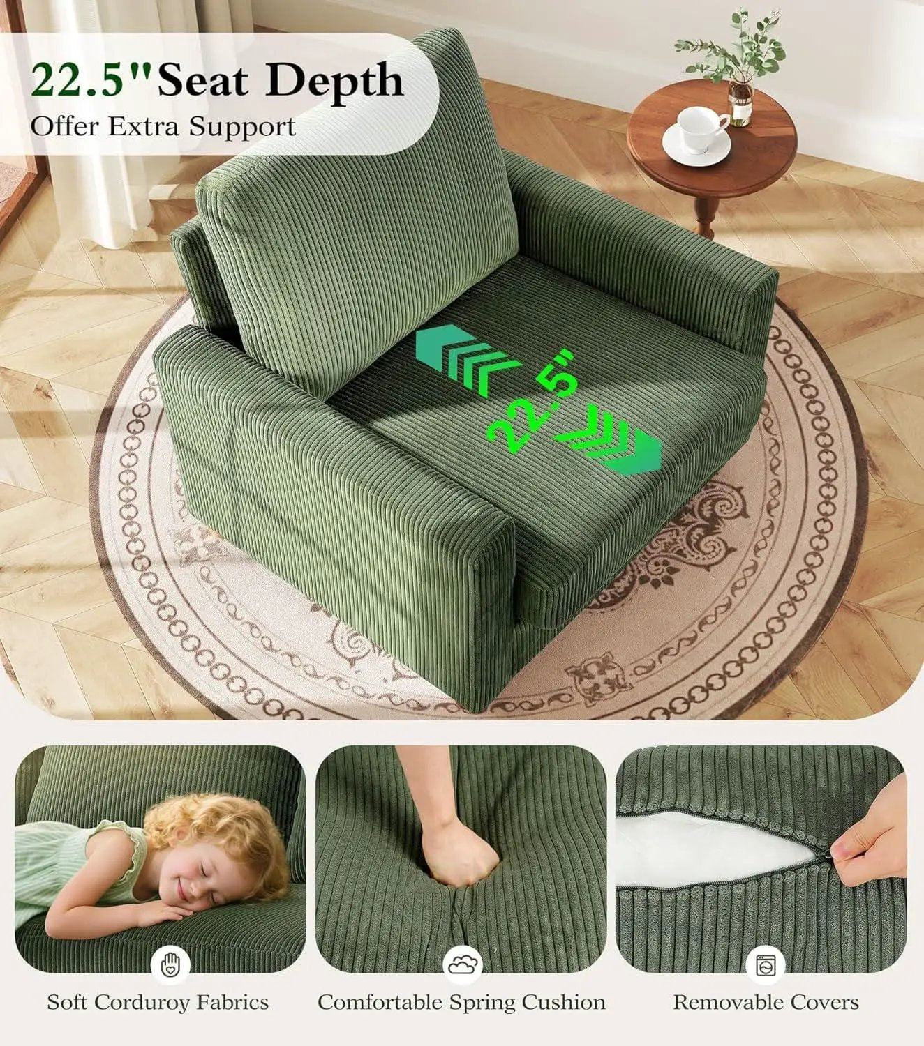 Green Corduroy Accent Chair With 22 Inch Deep Seat from PriceLows™