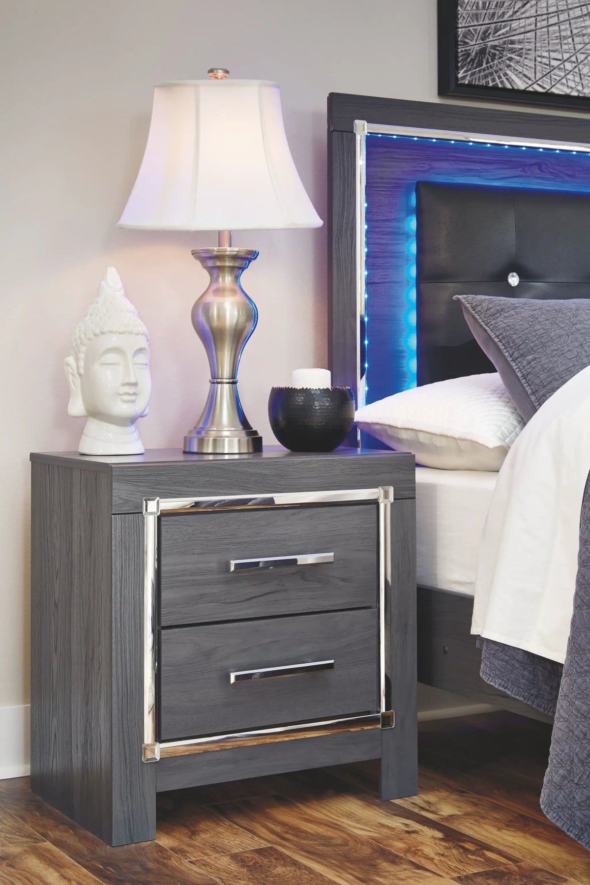 Lodanna Two Drawer Night Stand Accent Nightstand | 23.66 x 15.71 x 24.41 in | Engineered Wood & Linen | Gray