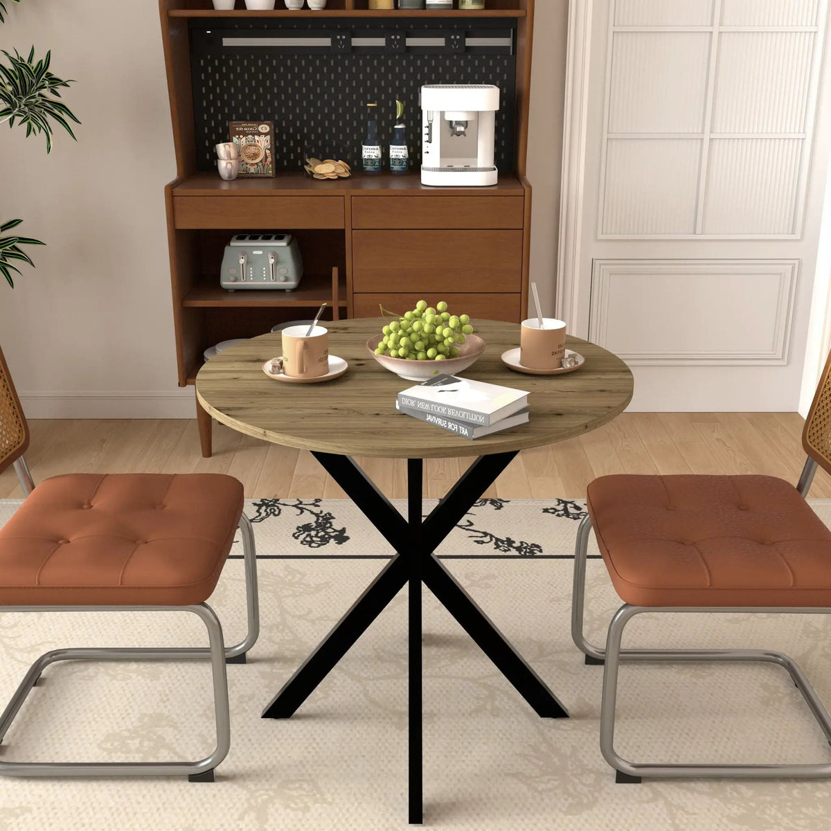 Round Dining Table | Industrial Metal Base | Rustic Brown Top | 31.5 Inch