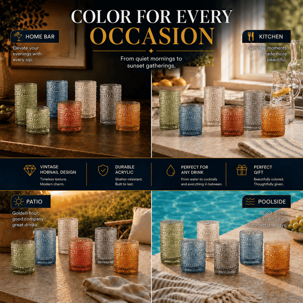 Tonal Hobnail Highball & Lowball Glassware | 14 oz | Set of 12 | Entertaining