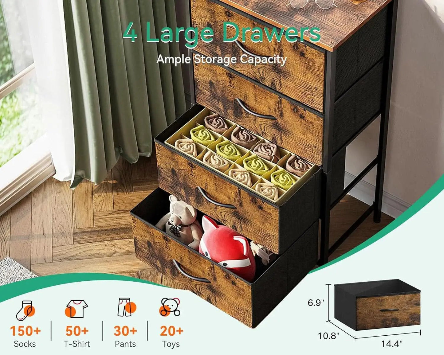 Compact Bedroom Dresser With 4 Drawers And Wood Top Steel Frame from PriceLows™