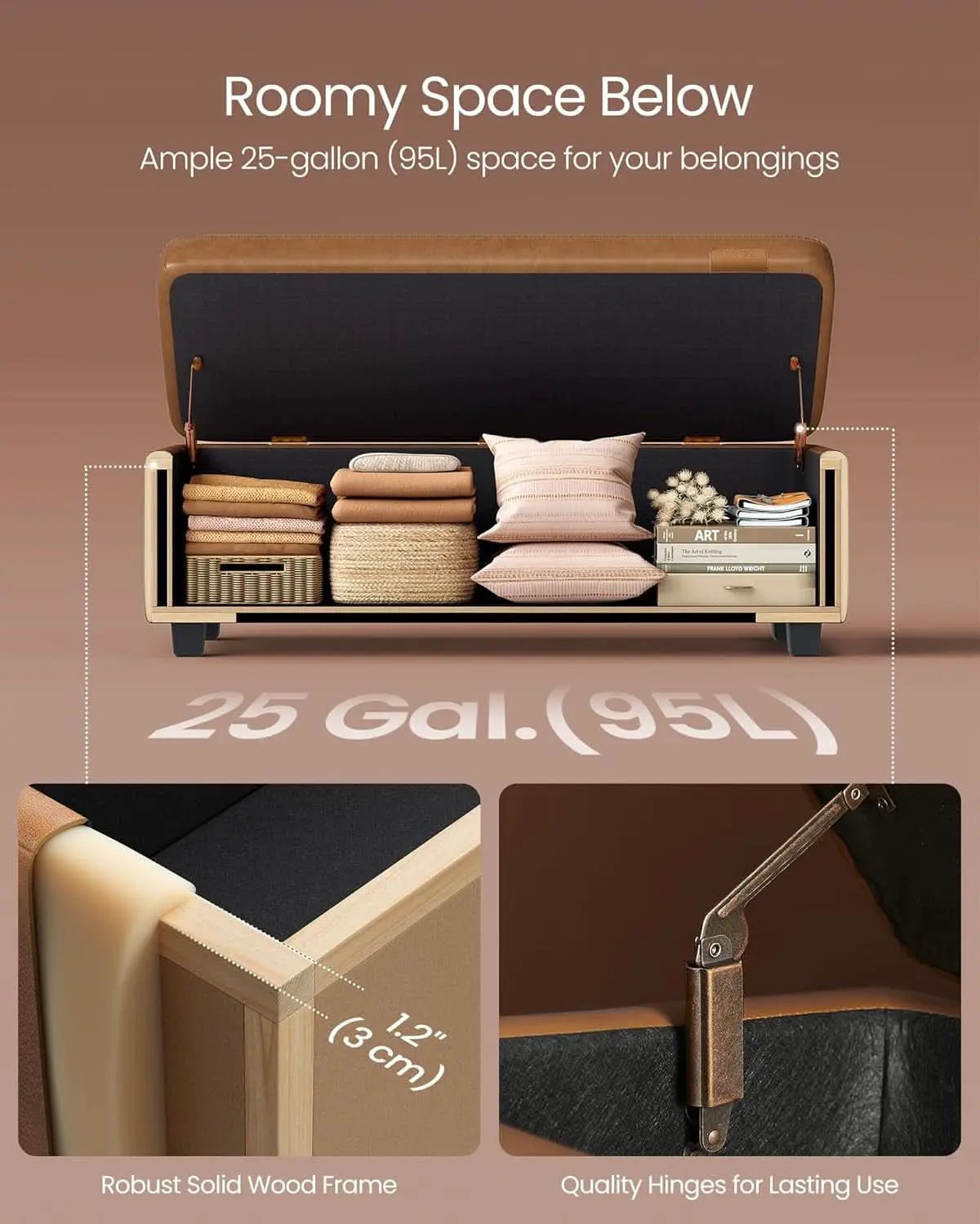 Caramel Brown 25 Gallon Large Capacity Storage Ottoman from PriceLows™