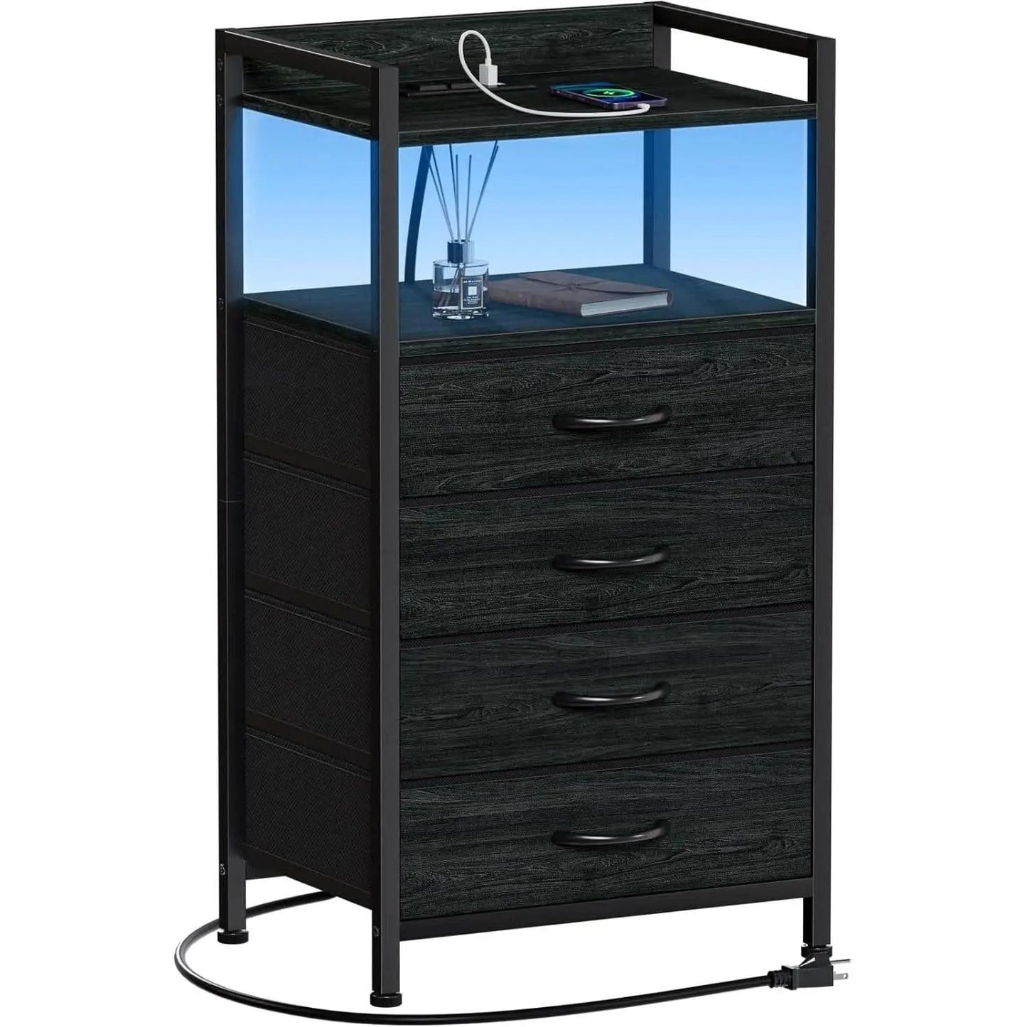 Black Nightstand With LED Lights And Built In Charging from PriceLows™