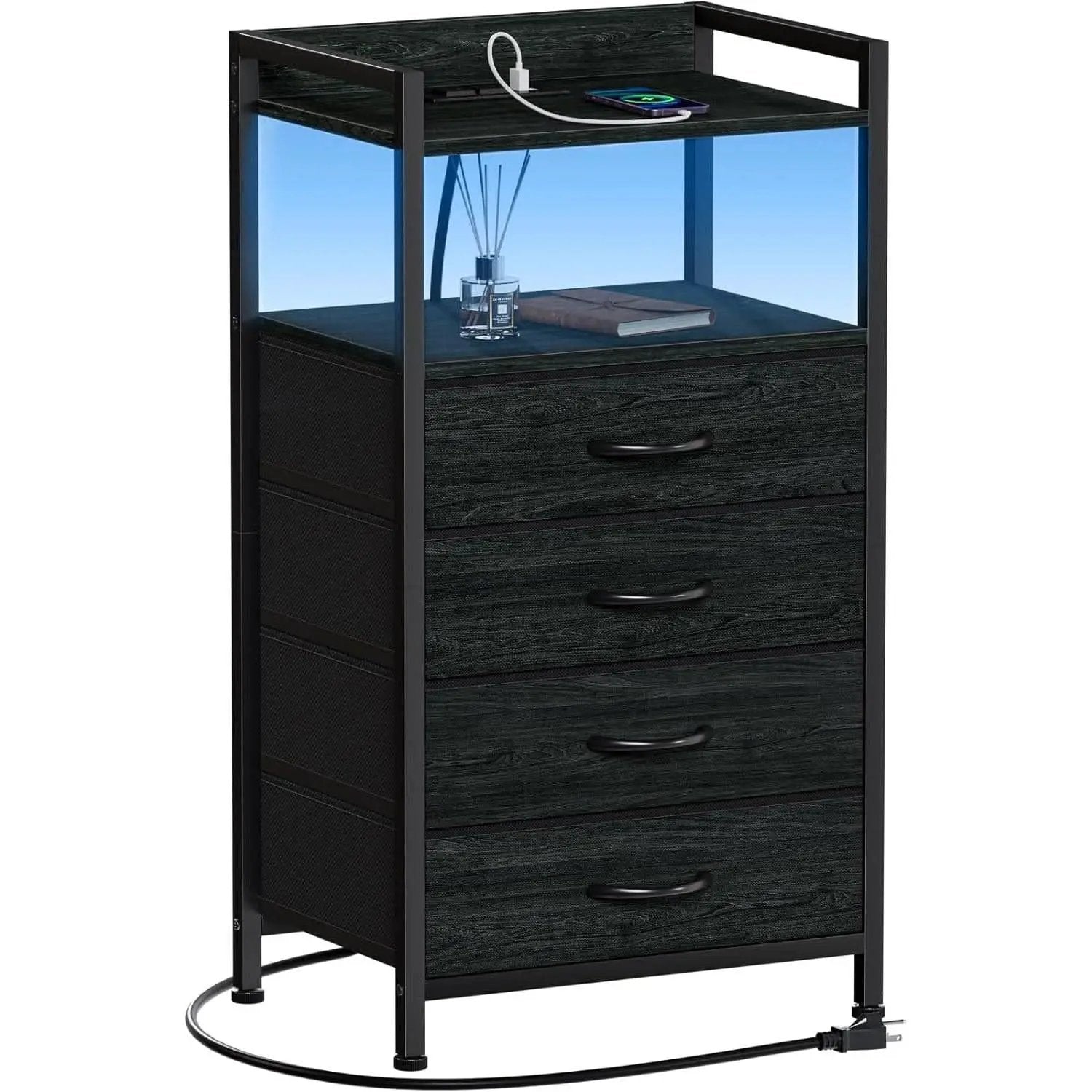 Black Nightstand With LED Lights And Built In Charging from PriceLows™